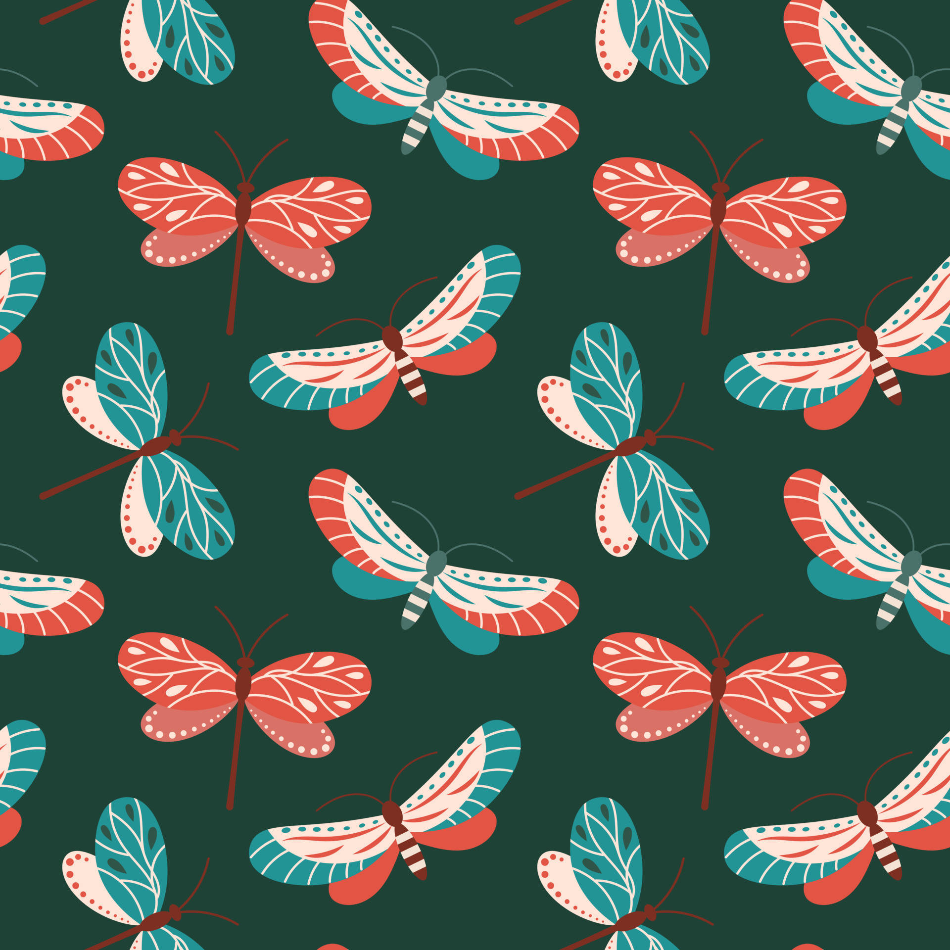 Pastel Butterfly, coral teal, cream, Full HD Desktop Wallpaper
