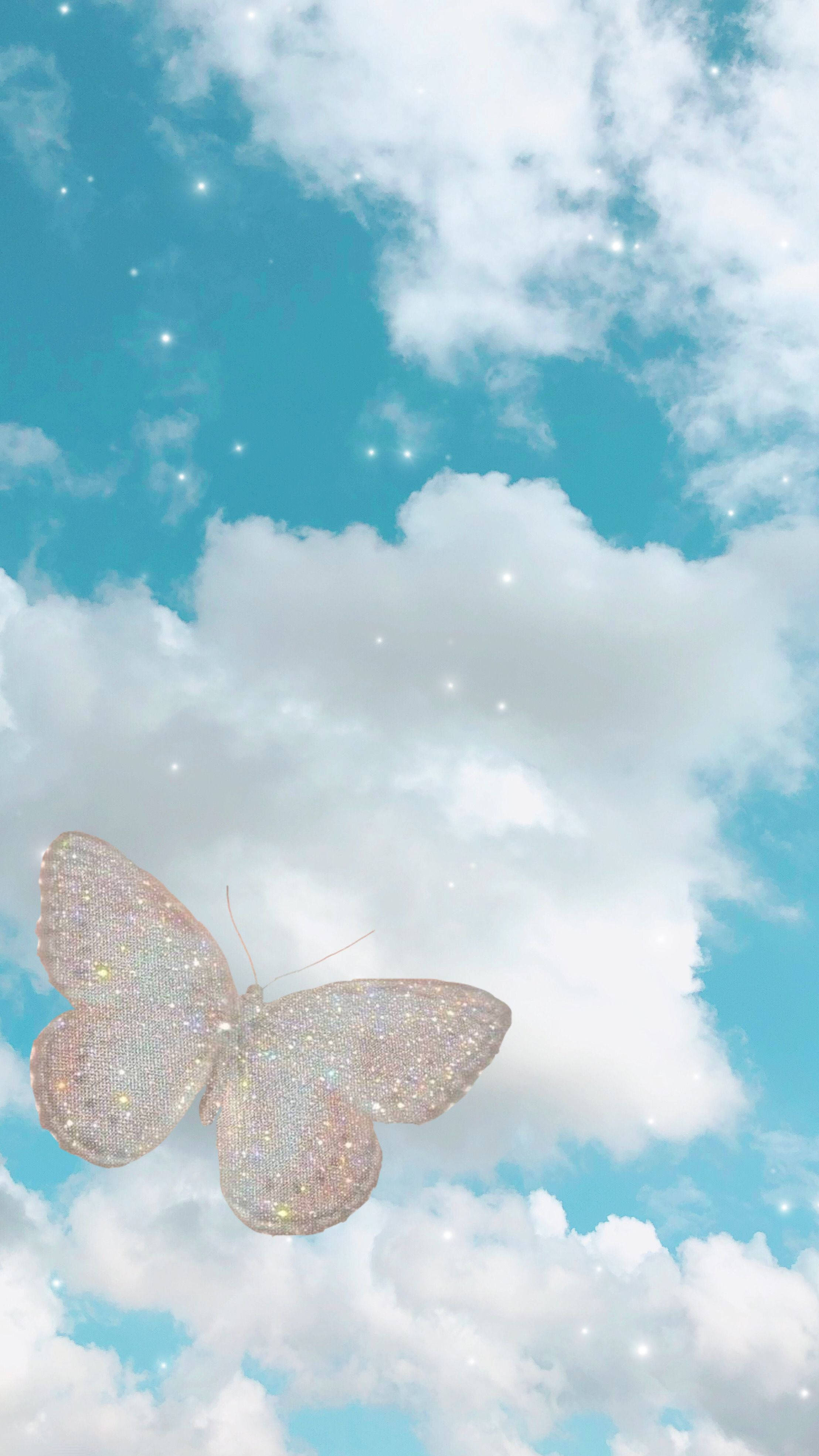 Pastel Butterfly, pink pastel butterfly, bright blue sky, 4K Phone Wallpaper