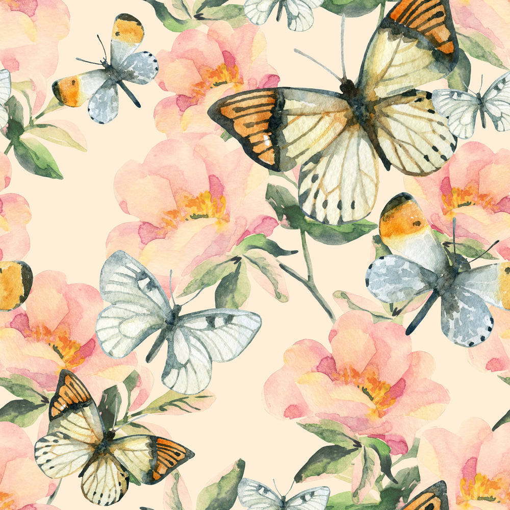 Pastel Butterfly, orange and white wings, soft pink peonies, SD Desktop Wallpaper
