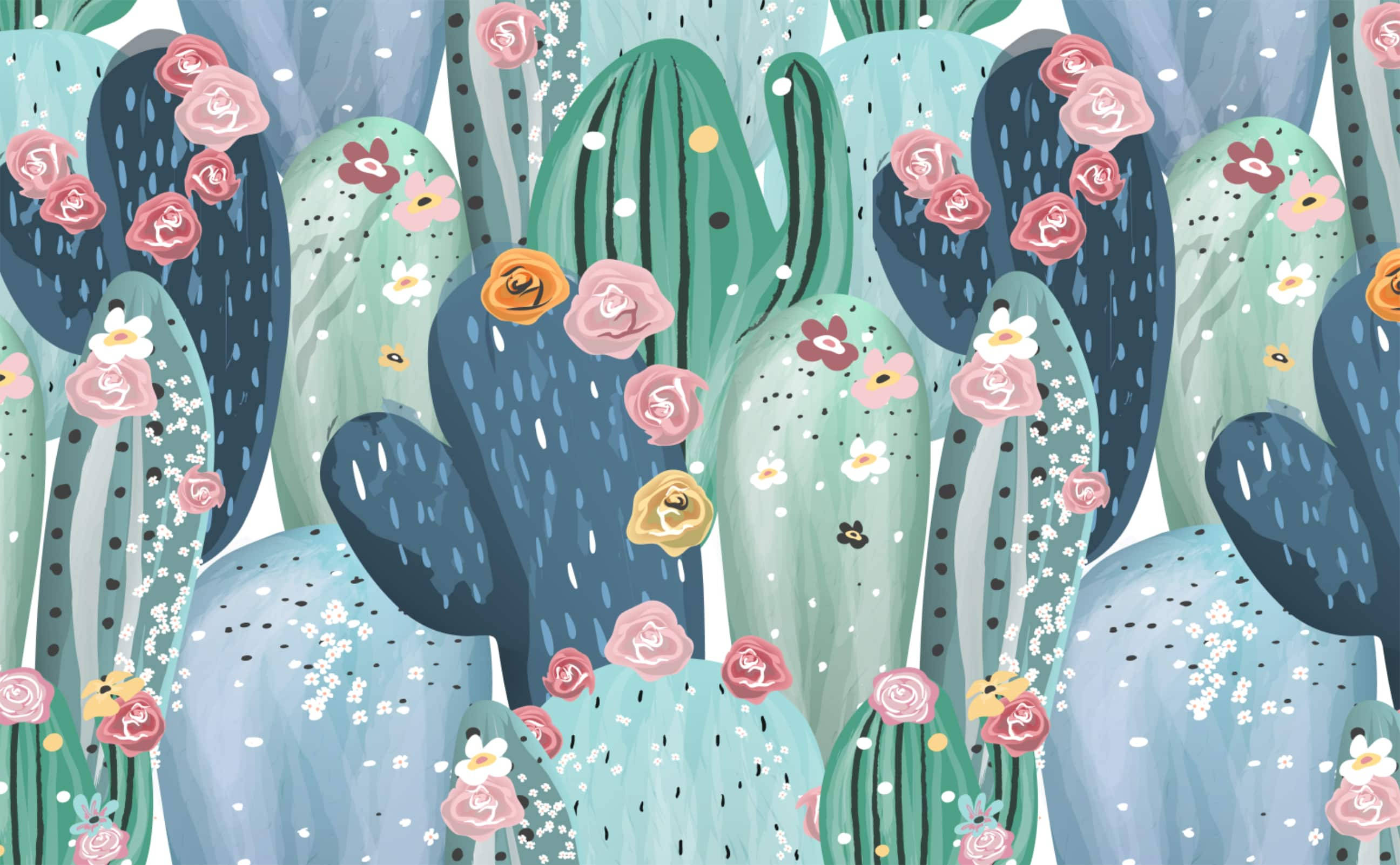 Pastel Cactus, teal, blue, 2K Desktop Wallpaper