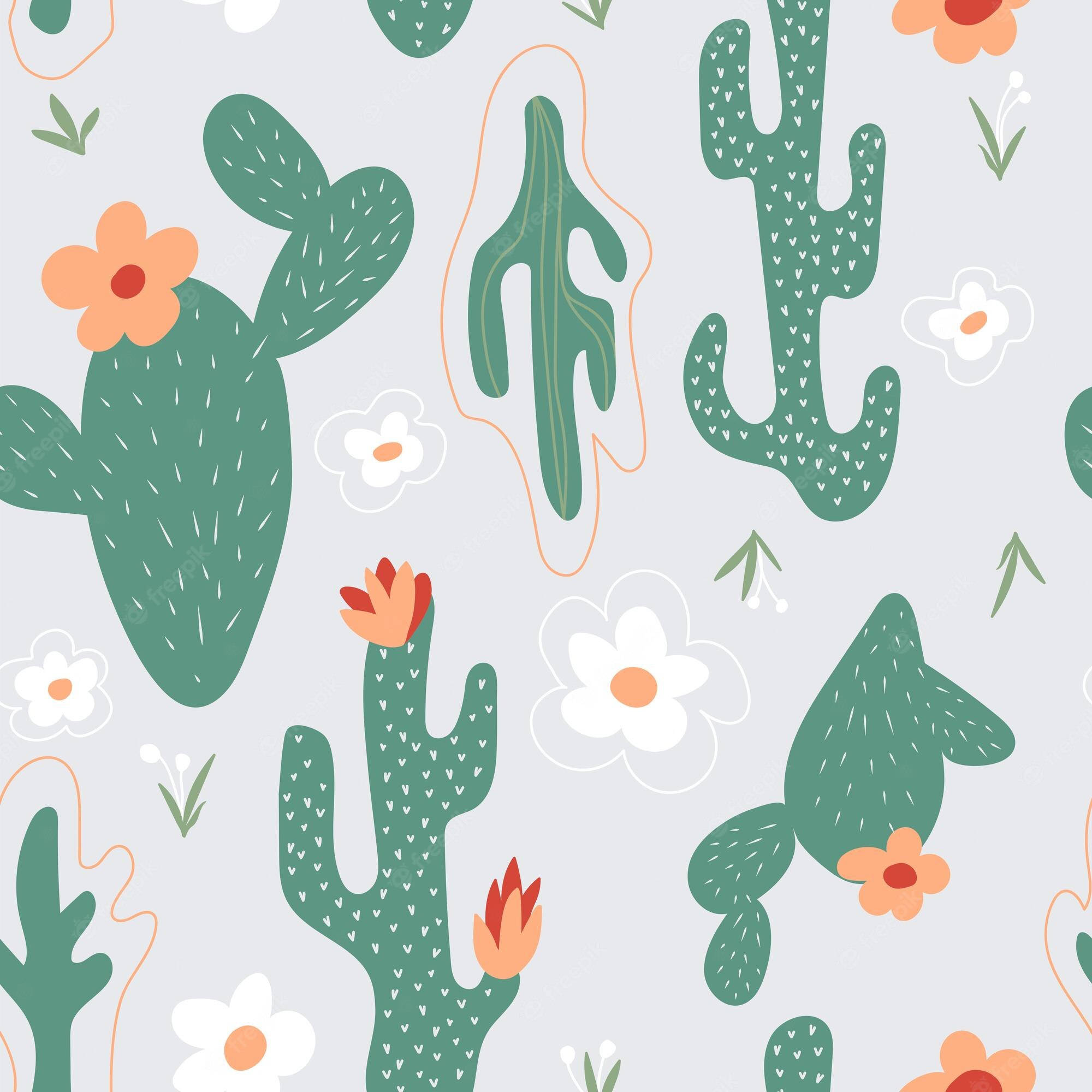 Deep Green Pastel Cactus, green cacti, orange and white flowers, Full HD Desktop Wallpaper