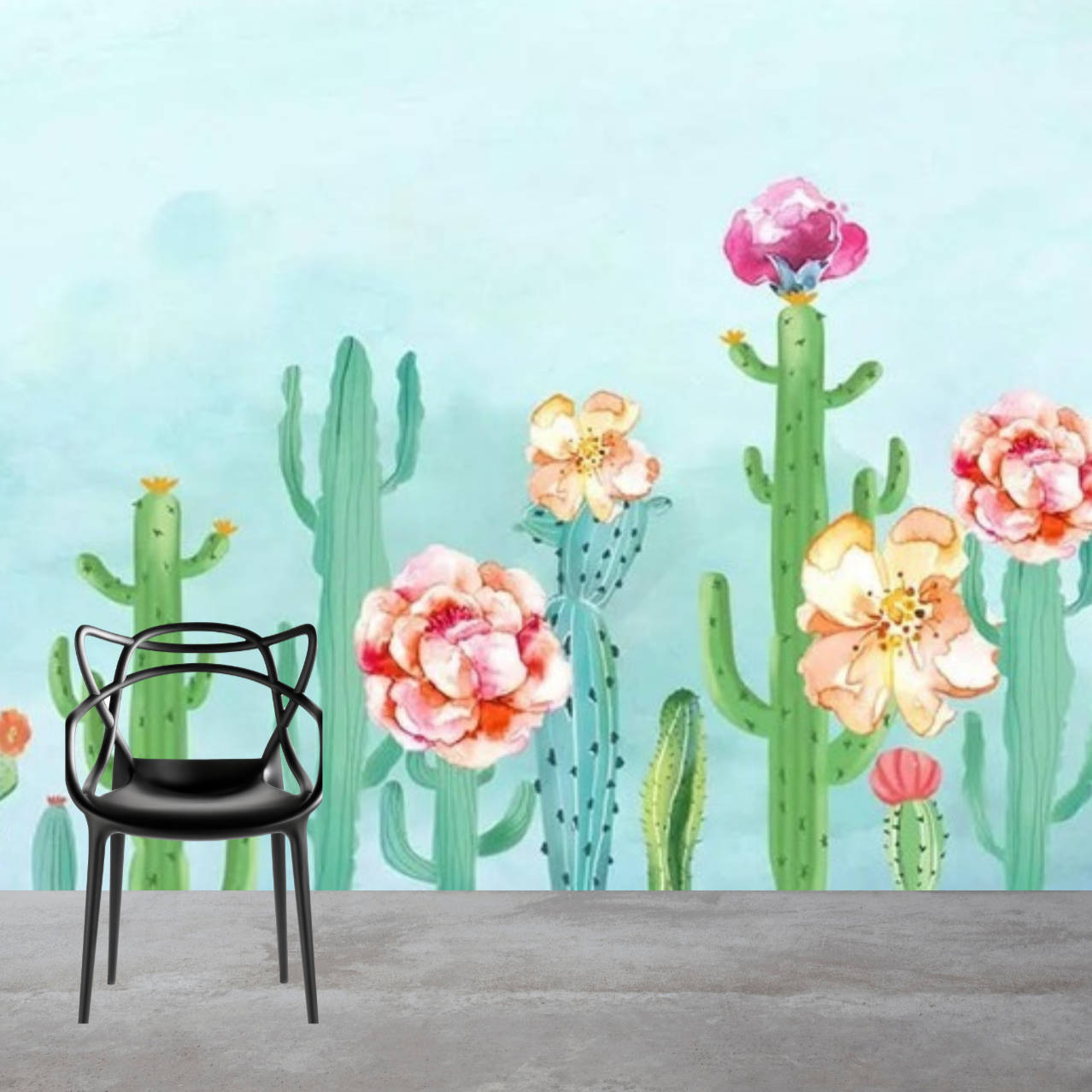 Pastel Cactus, watercolor mural, blooming cacti, SD Desktop Wallpaper