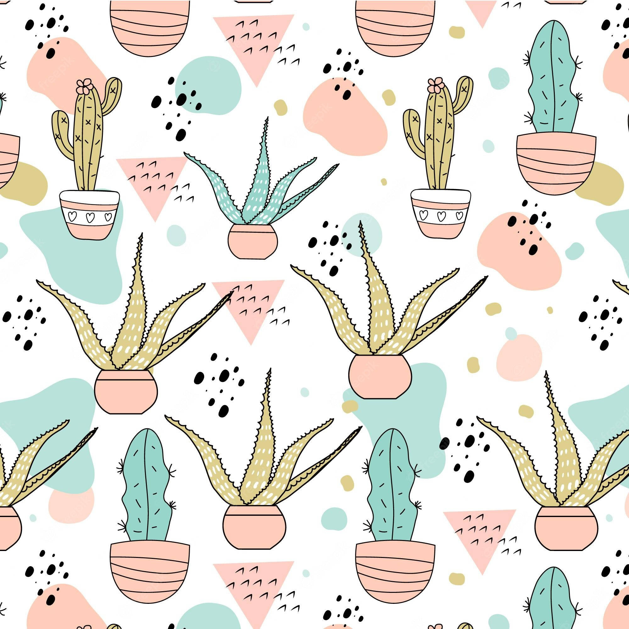 pastel color cactus pattern, potted cacti, succulents, Full HD Desktop Wallpaper