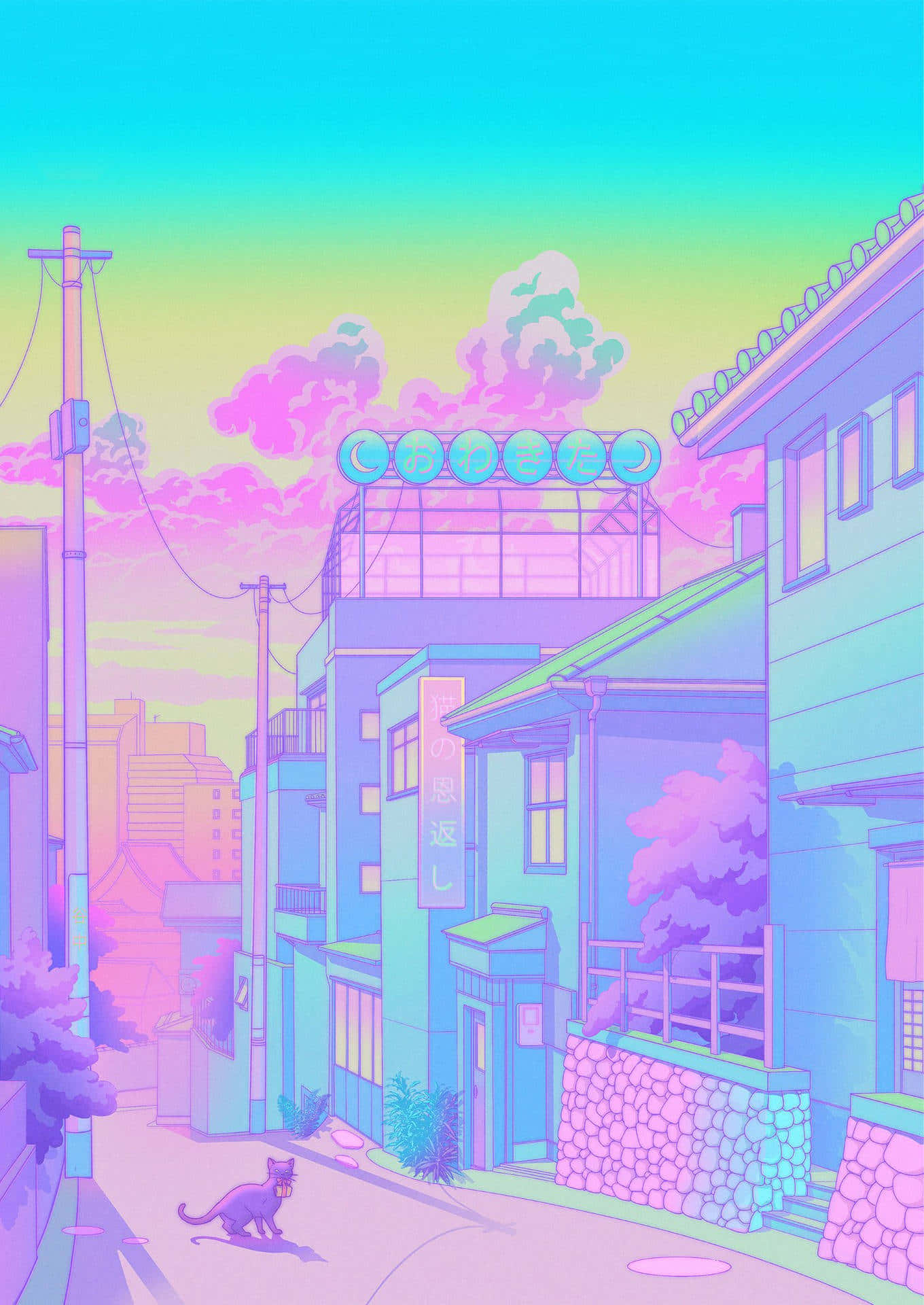 Pastel Cat, urban sunset, neon pink, Full HD Phone Wallpaper
