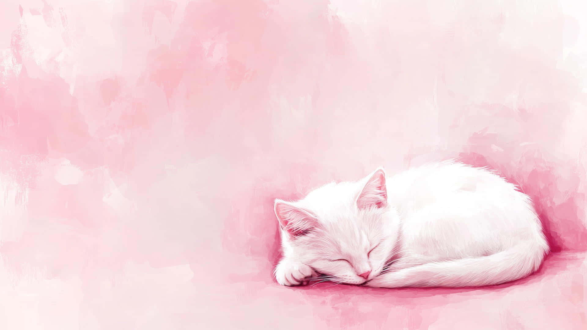 white cat, pastel pink background, soft pink watercolor tones, Full HD Desktop Wallpaper