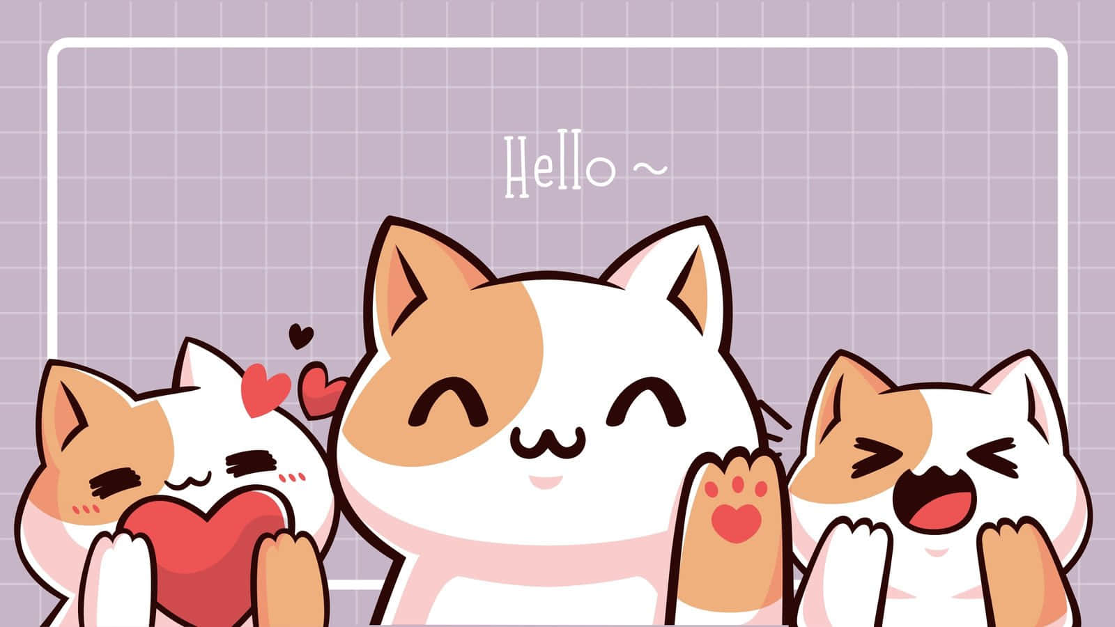 pastel cats, heart motifs, purple grid background, HD Desktop Wallpaper
