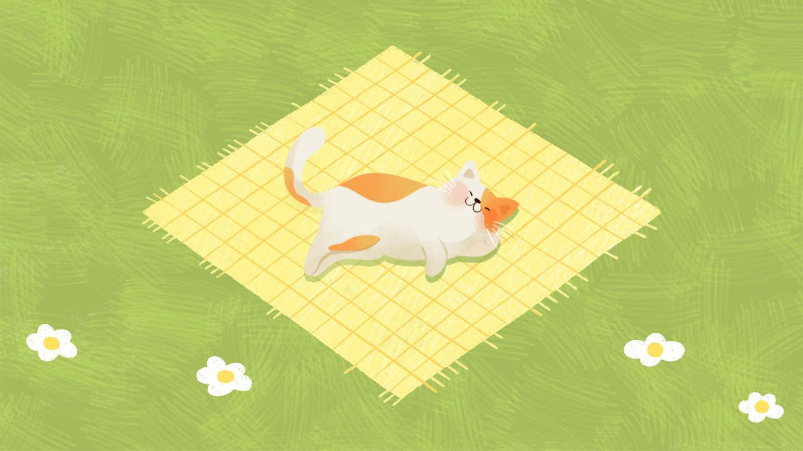 Pastel Cat, yellow checkered blanket, green grass, HD Desktop Wallpaper