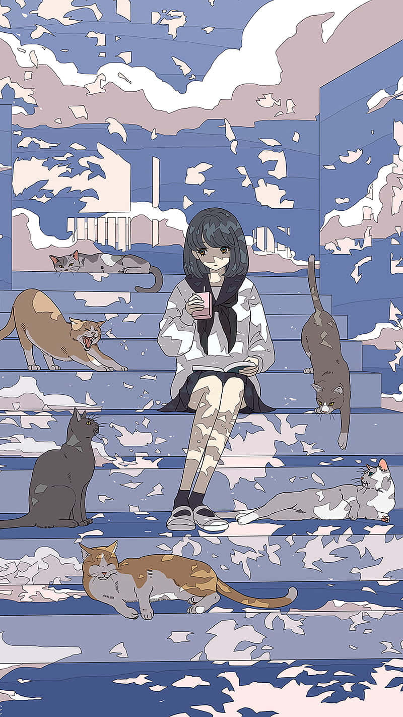 Pastel Cat Aesthetic, blue stairs, six cats, HD Phone Wallpaper