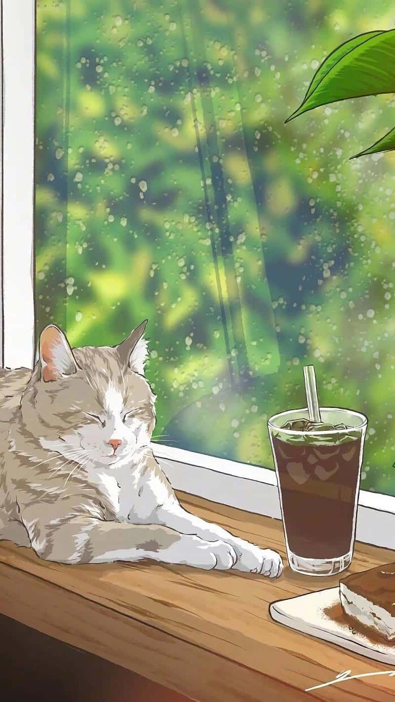 fluffy cat, wooden windowsill, glass of iced coffee, HD Phone Wallpaper