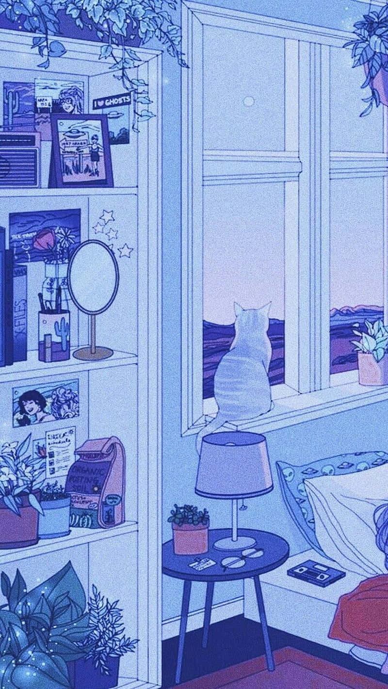 Pastel Cat, blue-toned room, window, HD Phone Wallpaper