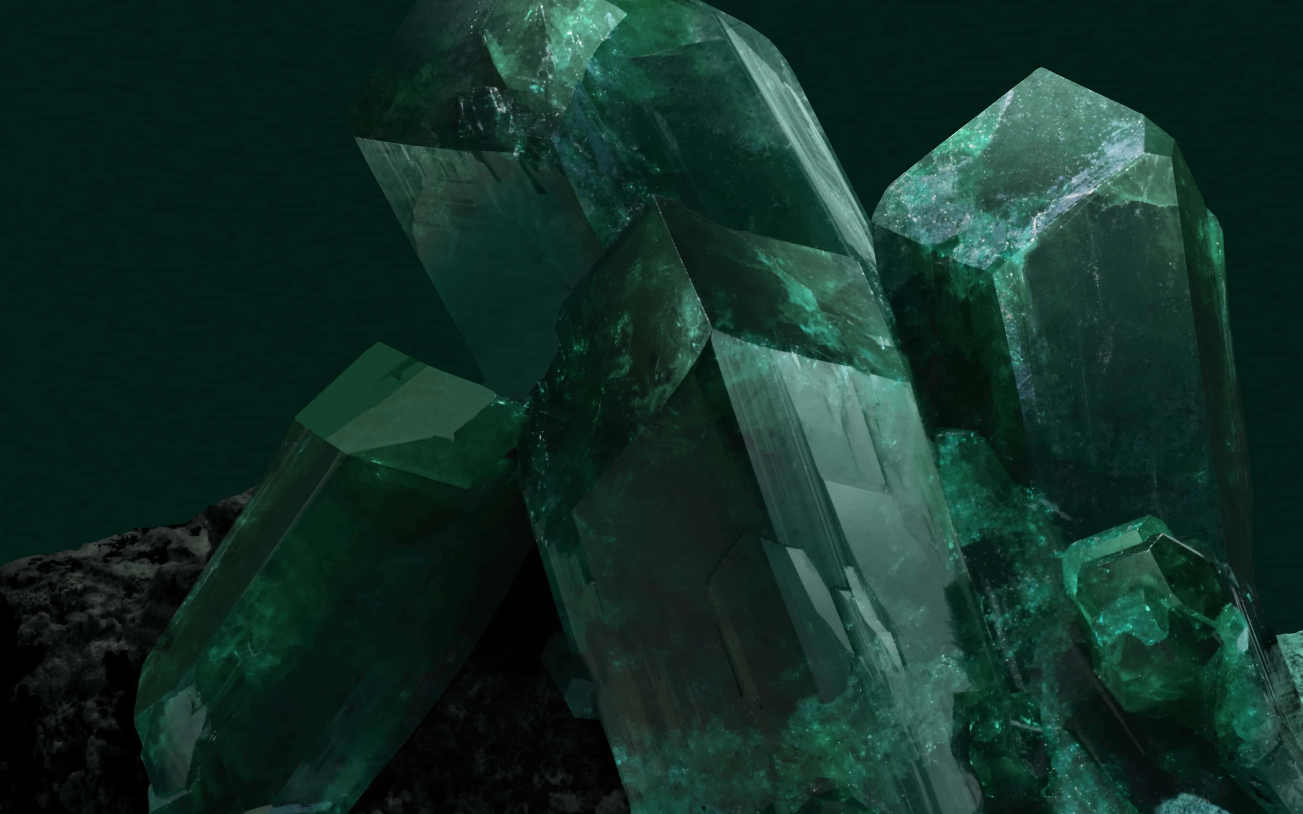 emerald crystals cluster, dark teal backdrop, sharp geometric facets, 4K Desktop Wallpaper