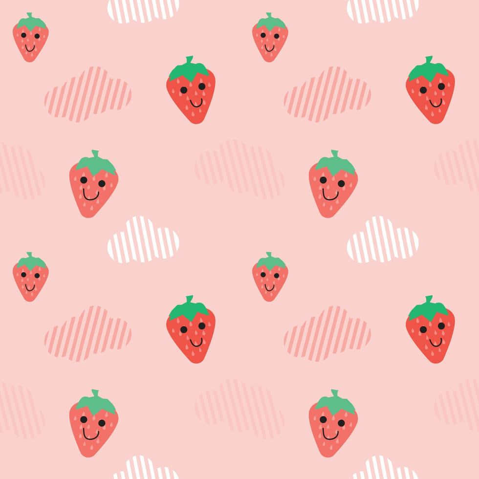 pink pastel cute strawberry smiley face, smiling strawberries, striped clouds, SD Desktop Wallpaper