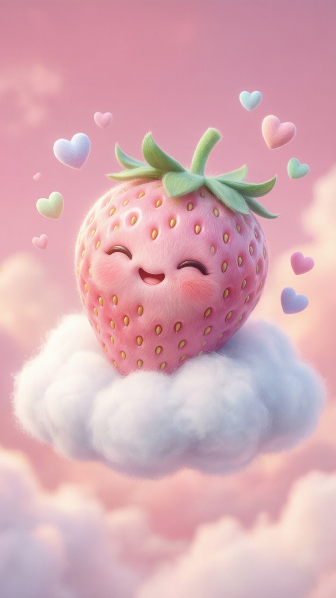 strawberry, green leaves, fluffy cloud, Full HD Phone Wallpaper