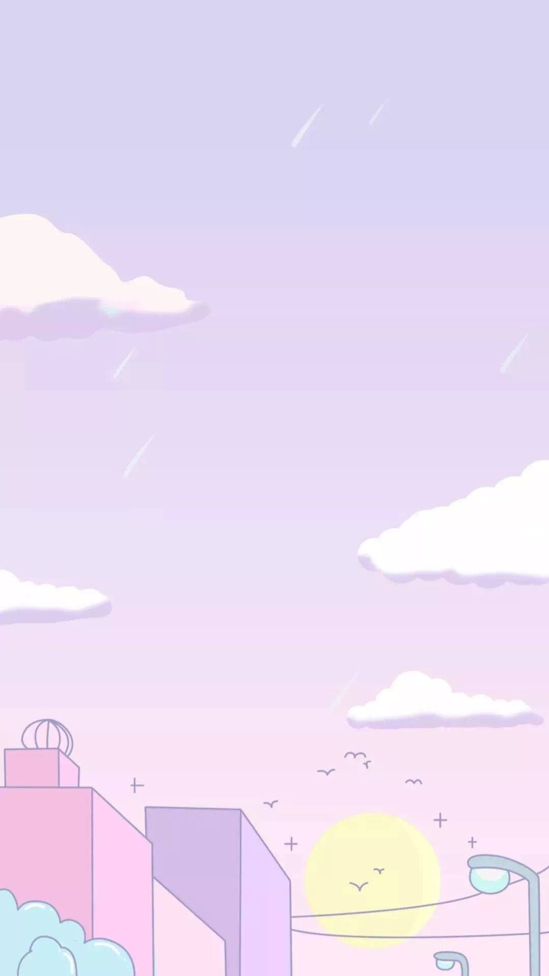 Pastel-colored cityscape, soft clouds, birds, Full HD Phone Wallpaper