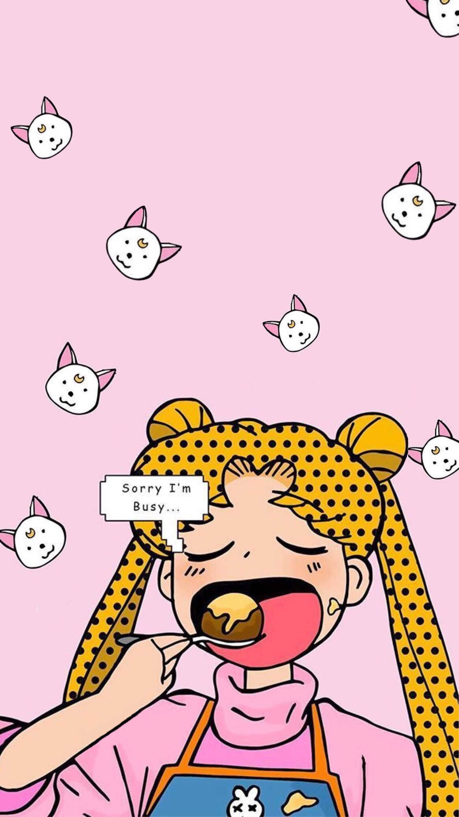 yellow polka dot pigtails, chocolate donut, floating cat faces, 2K Phone Wallpaper
