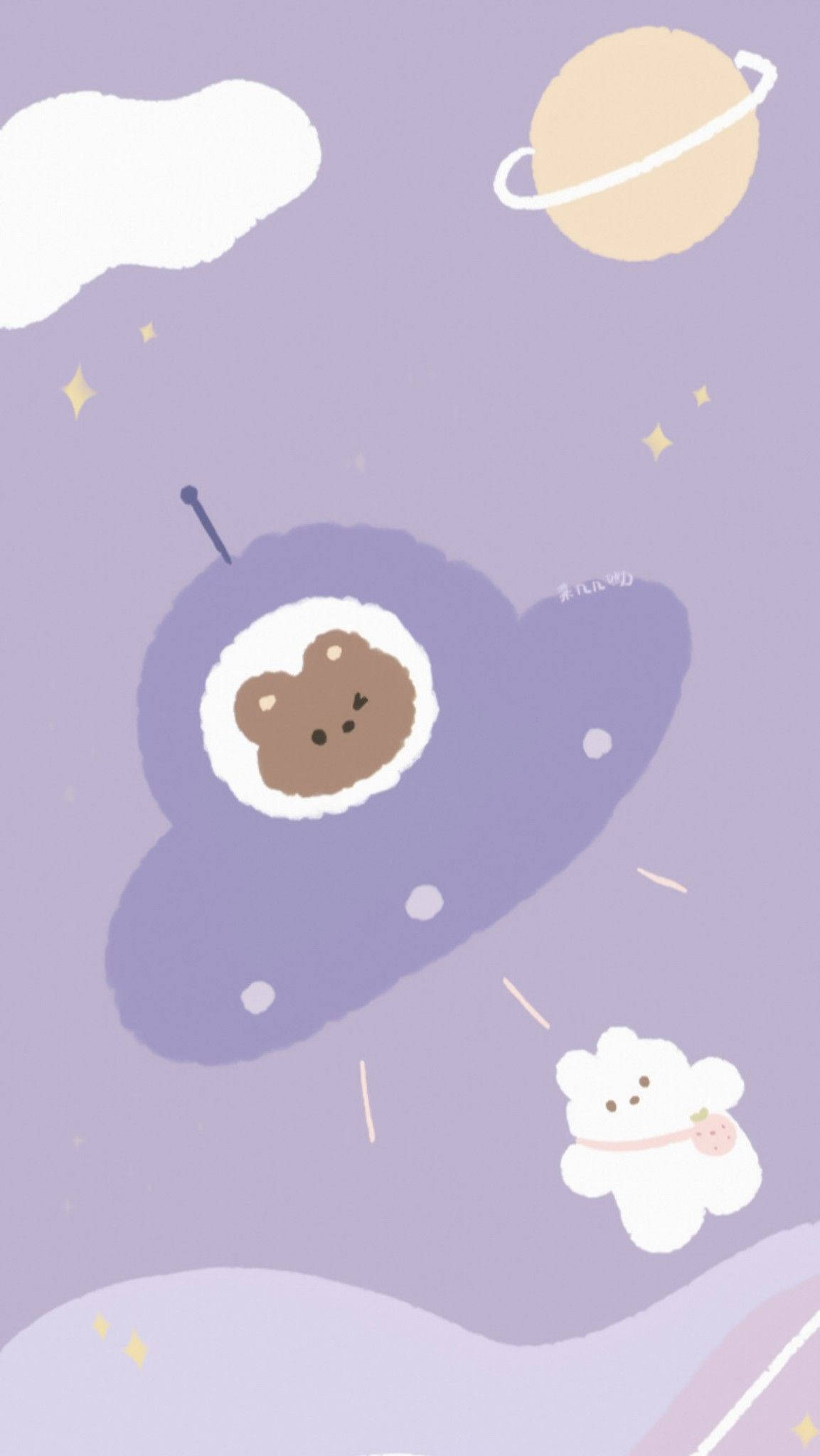 bear astronaut, purple UFO, lavender sky, Full HD Phone Wallpaper