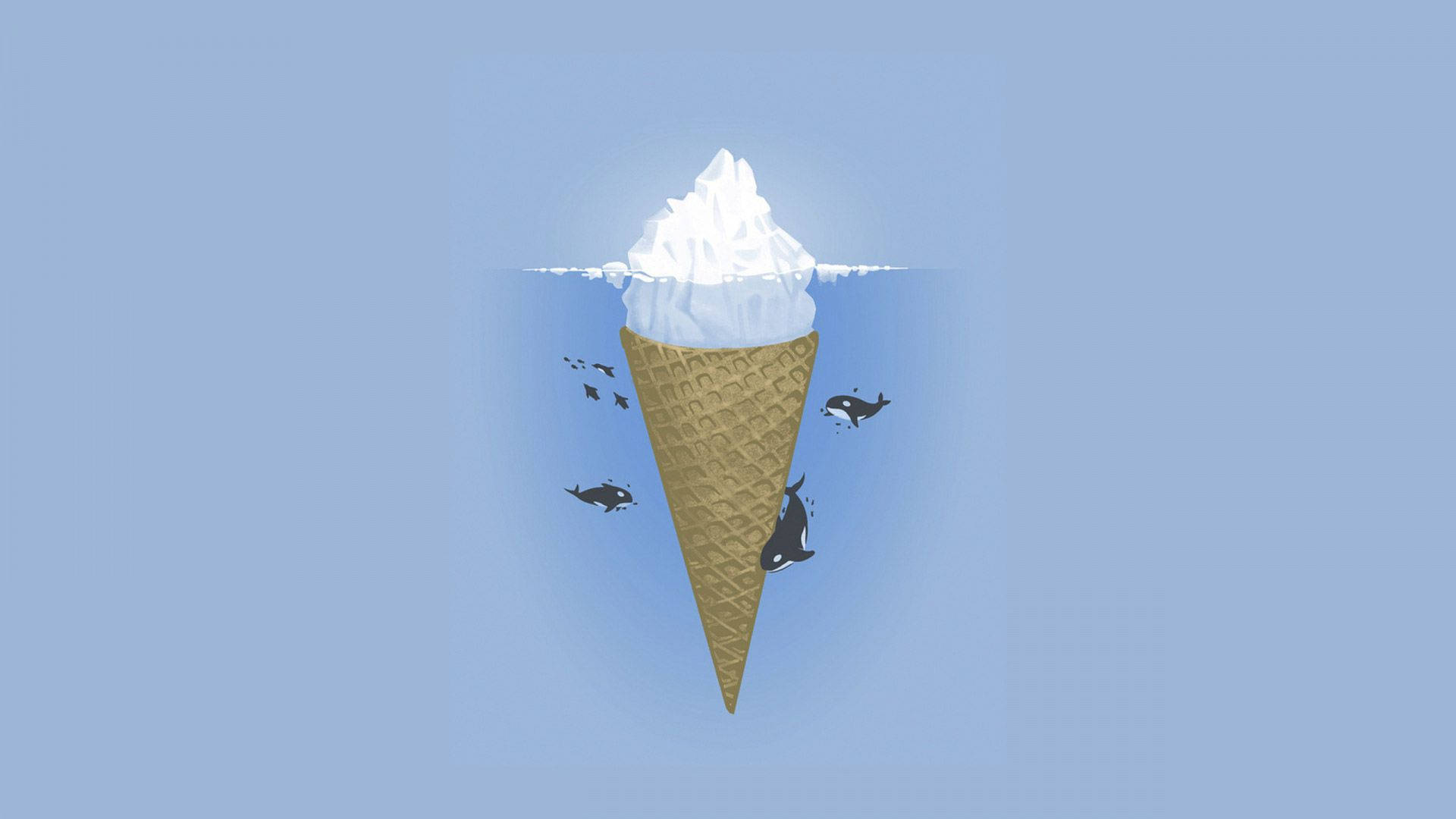 ice cream cone shaped iceberg, calm blue water, orcas, Full HD Desktop Wallpaper