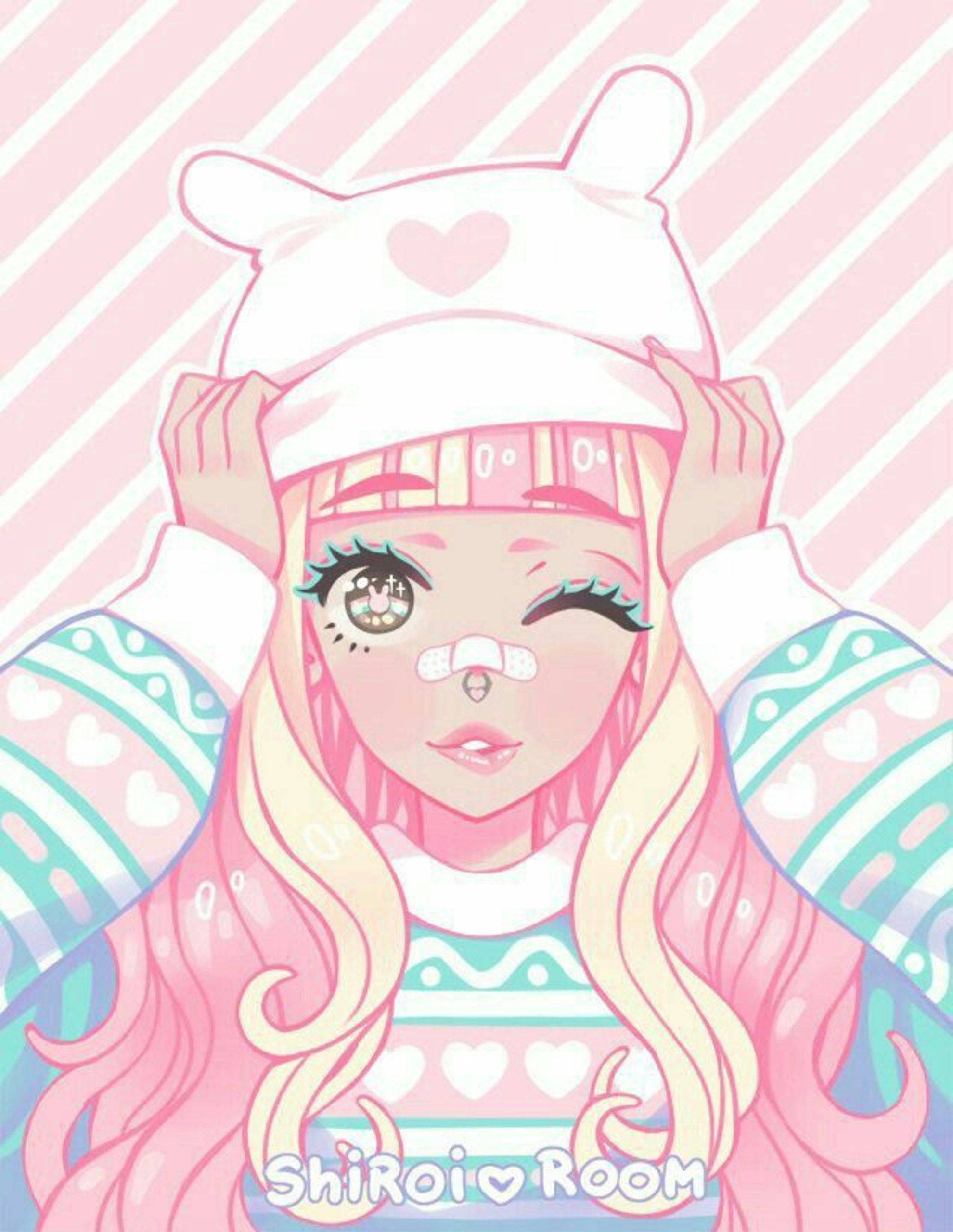 Pastel Cute, winking girl, long blonde hair, 2K Phone Wallpaper