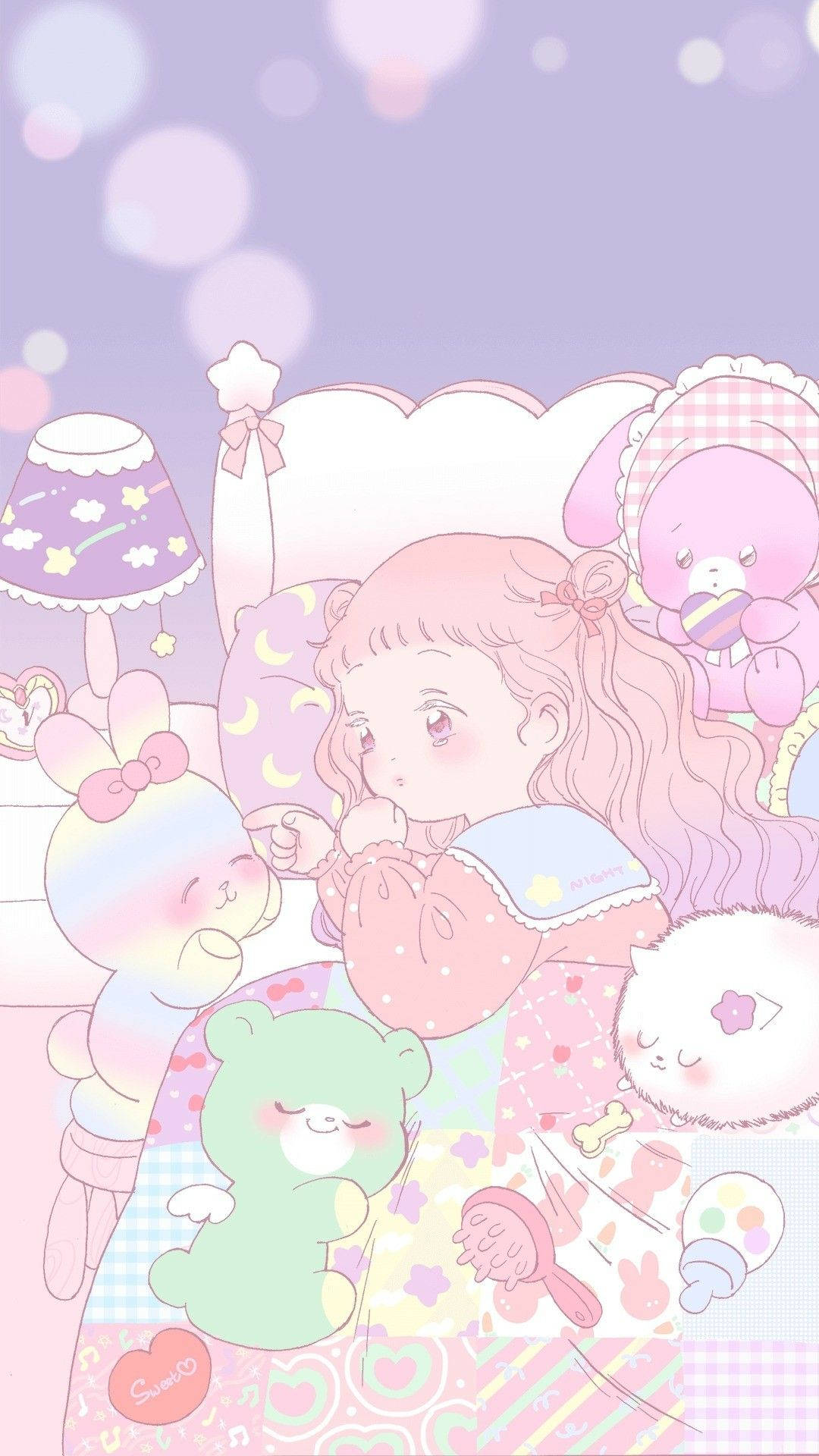 pastel-toned anime girl, pink hair, plush toys, Full HD Phone Wallpaper