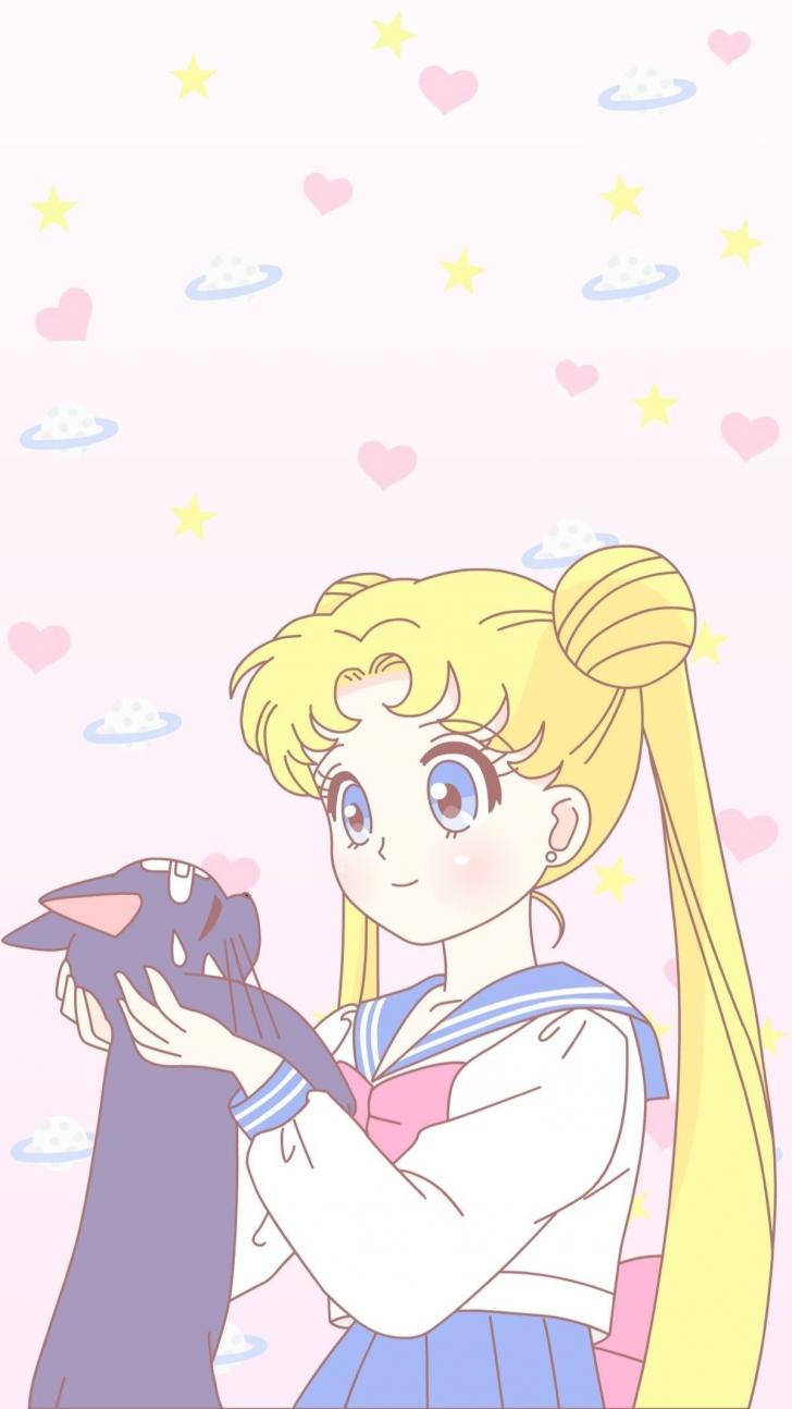Pastel Cute, blonde hair, black cat, HD Phone Wallpaper