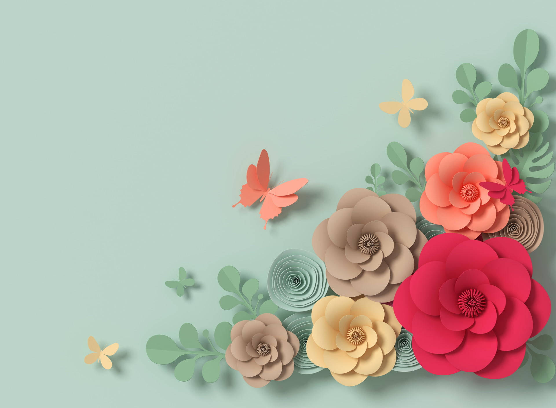 paper-cut flowers, butterflies, mint background, Full HD Desktop Wallpaper