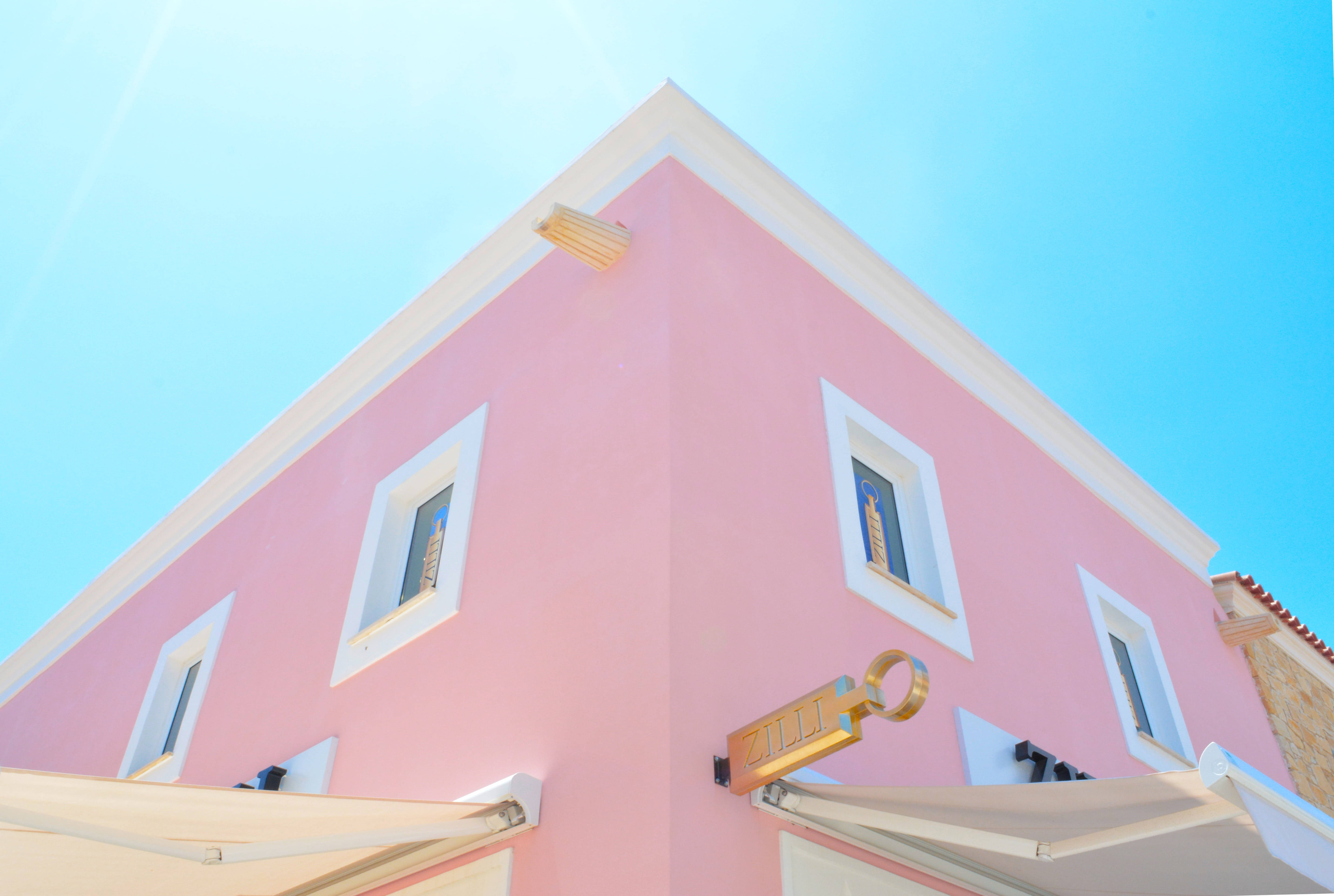 pink house, white trim, awnings, 5K Desktop Wallpaper