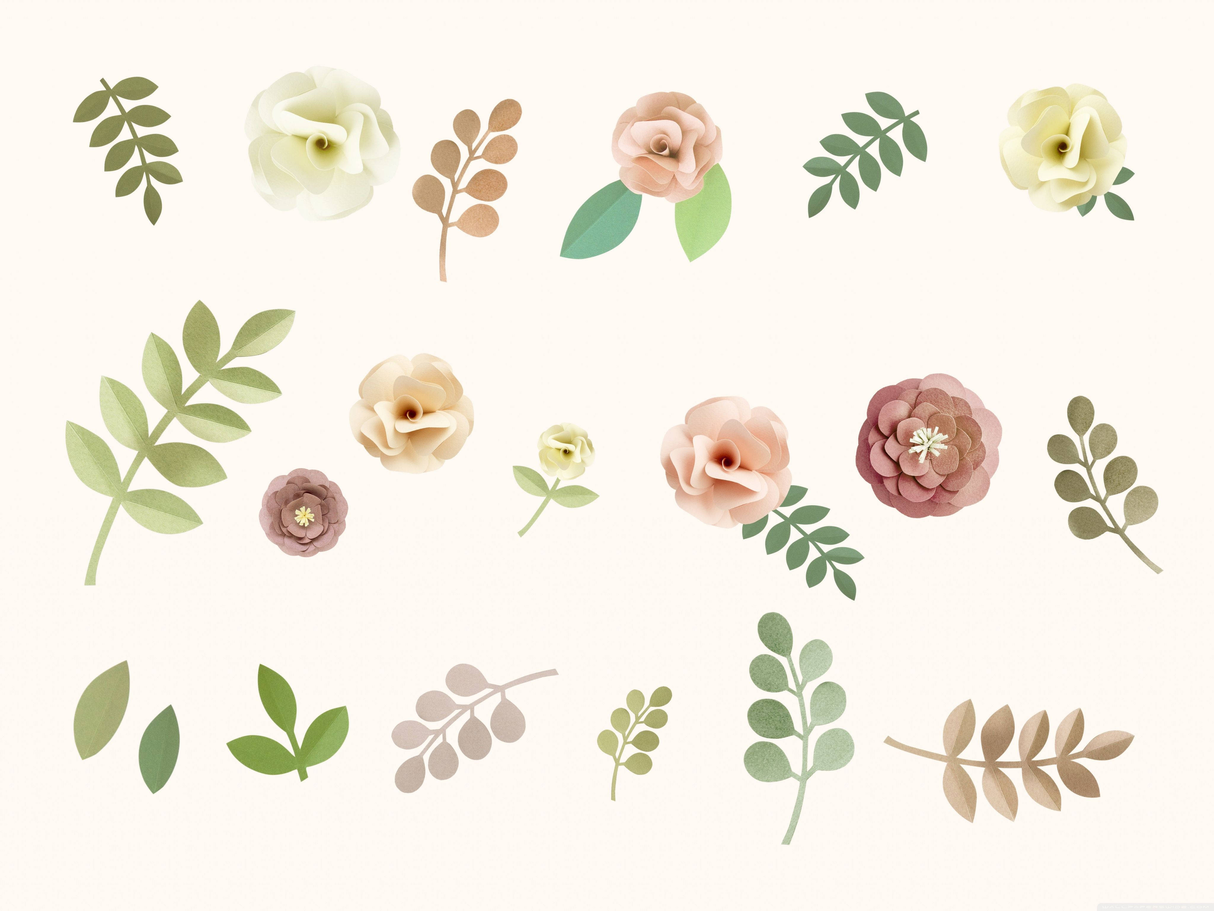 pastel paper flowers, greenery, soft minimalist botanical pattern, 4K Desktop Wallpaper