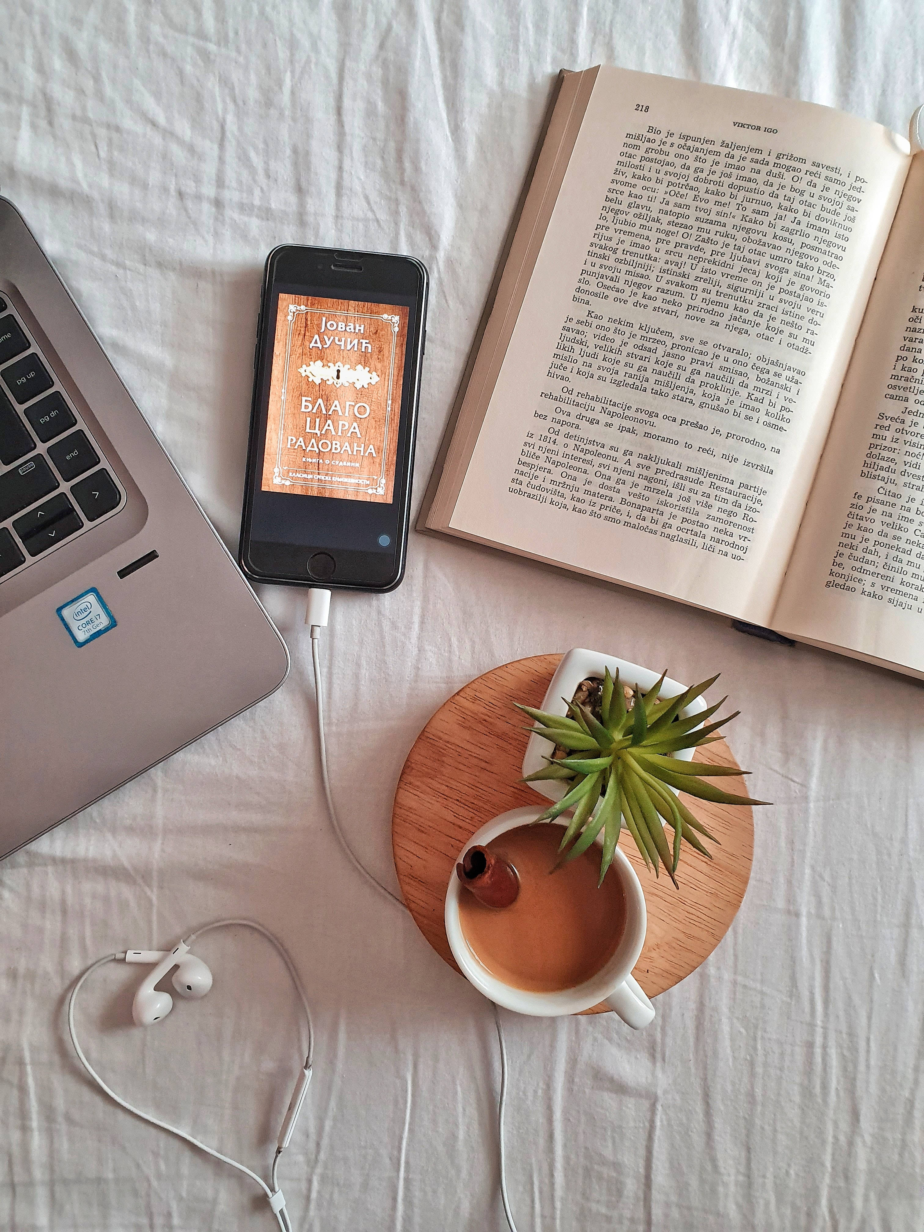 pastel aesthetic computer desktop background, white bed, open book, 4K Phone Wallpaper