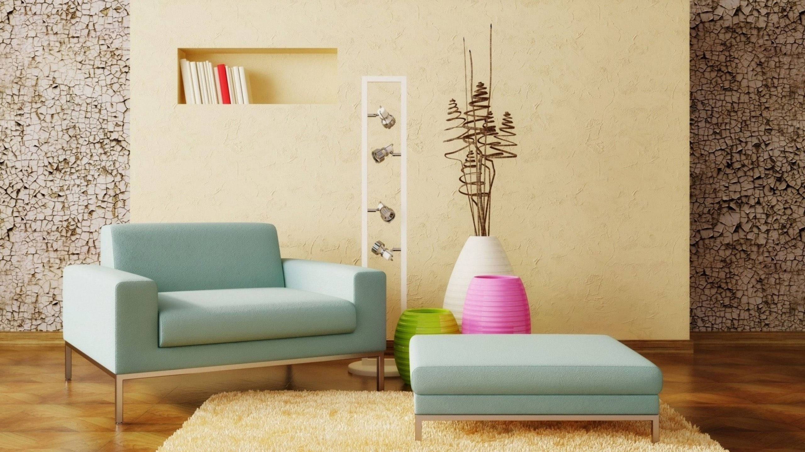 light blue armchair, ottoman, fluffy rug, 2K Desktop Wallpaper