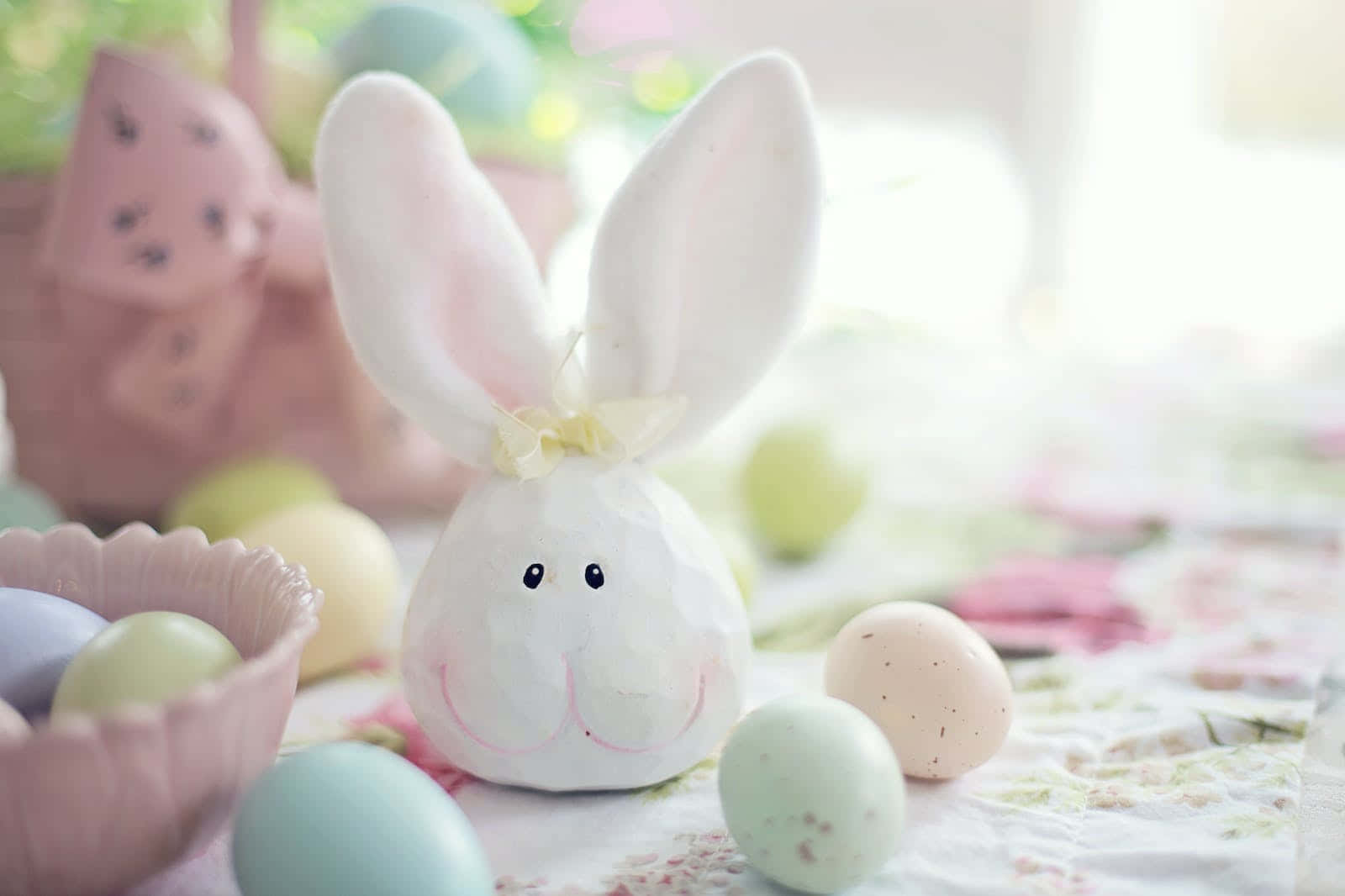 pastel Easter, soft white ceramic bunny, pink ears, HD Desktop Wallpaper