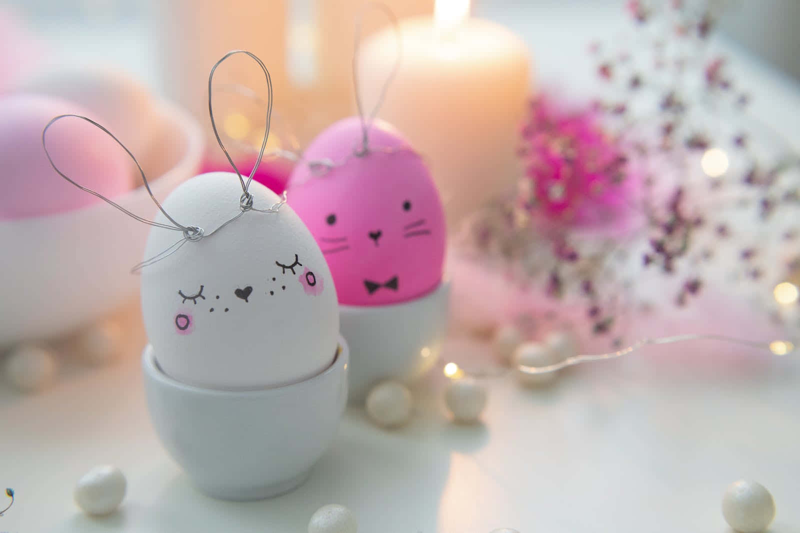 bunny-faced eggs, wire ears, pearls candles, HD Desktop Wallpaper