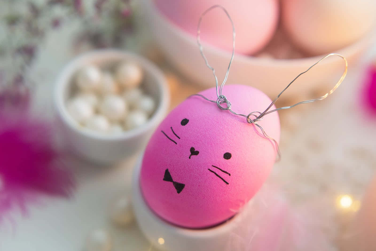 pastel easter, pink Easter egg, wire bunny ears, HD Desktop Wallpaper