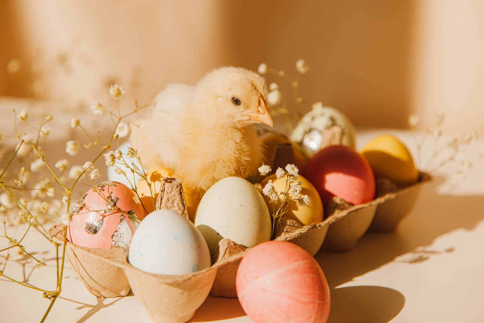 pastel easter, yellow chick, colorful Easter eggs, HD Desktop Wallpaper