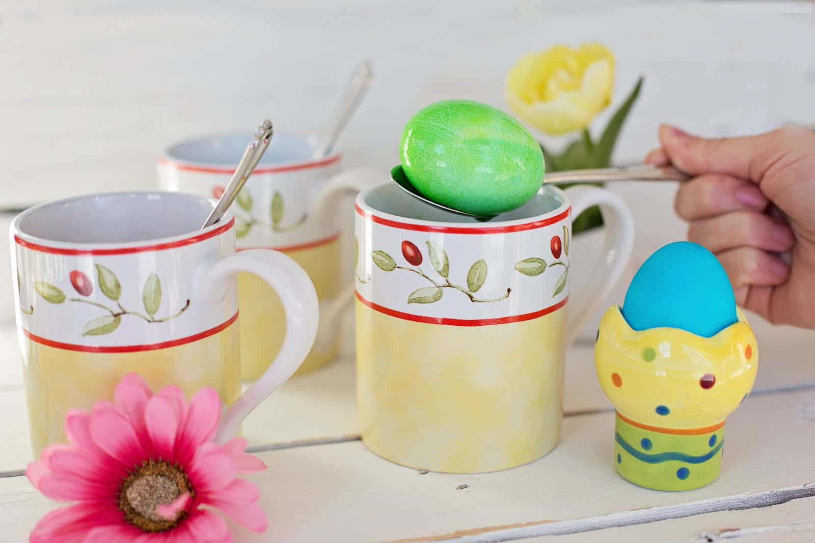 pastel Easter Eggs, green egg, yellow mug, HD Desktop Wallpaper