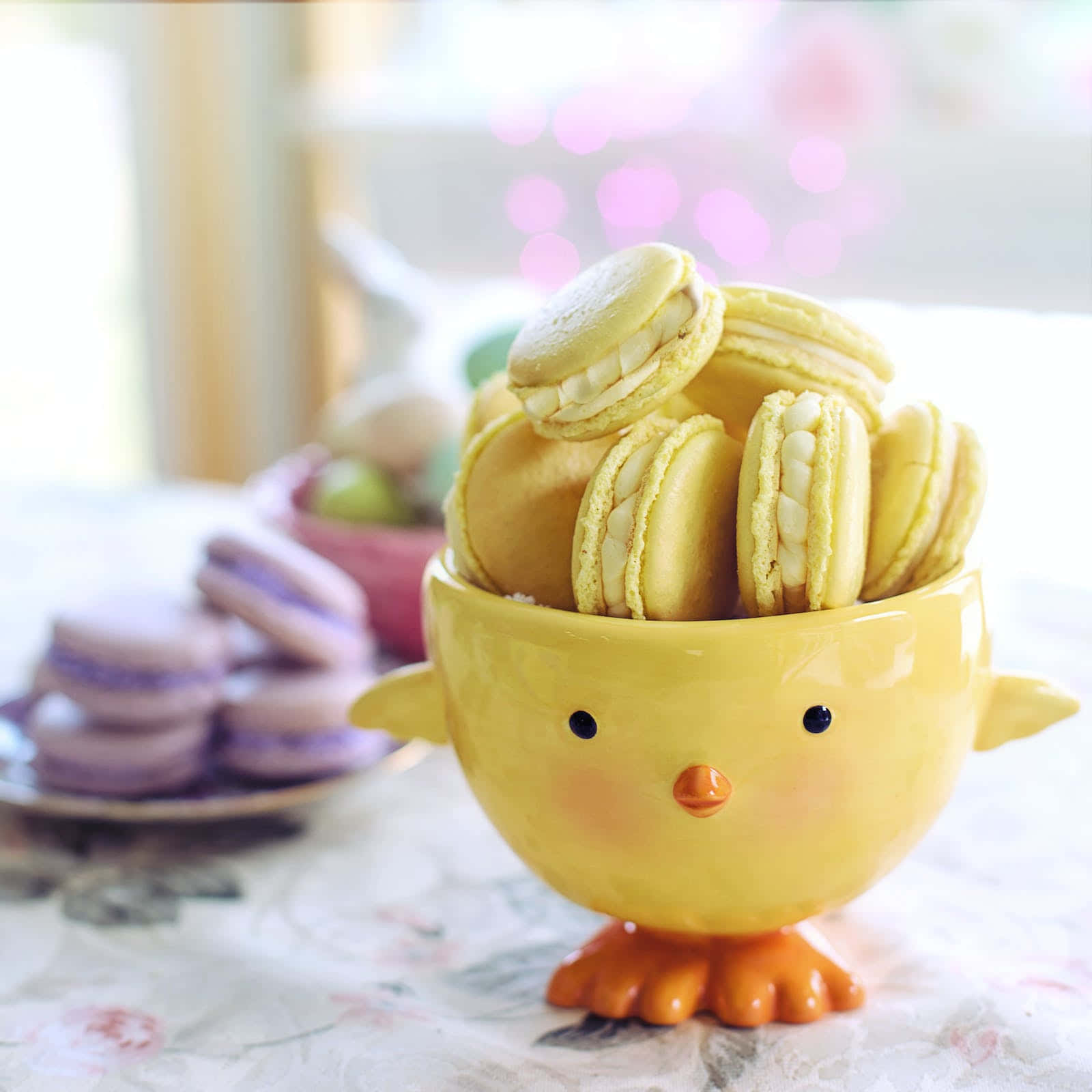 yellow chick-shaped bowl, pale yellow macarons, floral tablecloth, HD Desktop Wallpaper