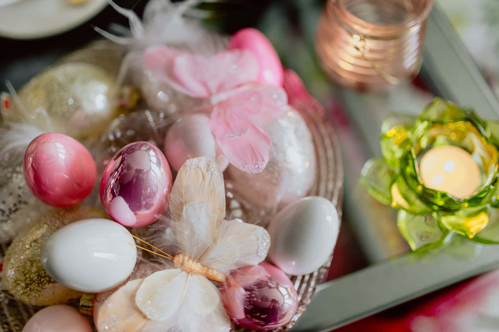 pastel easter, glossy pink and white Easter eggs, delicate butterfly decorations, HD Desktop Wallpaper