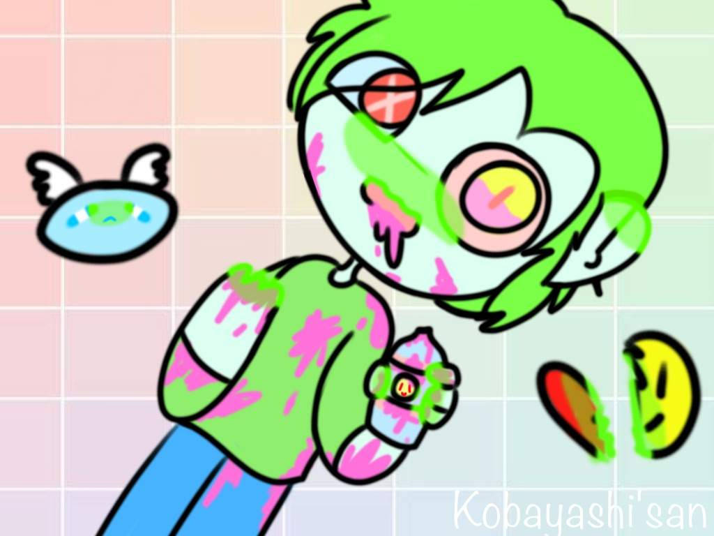 Pastel Gore, green hair, pink splatters, SD Desktop Wallpaper