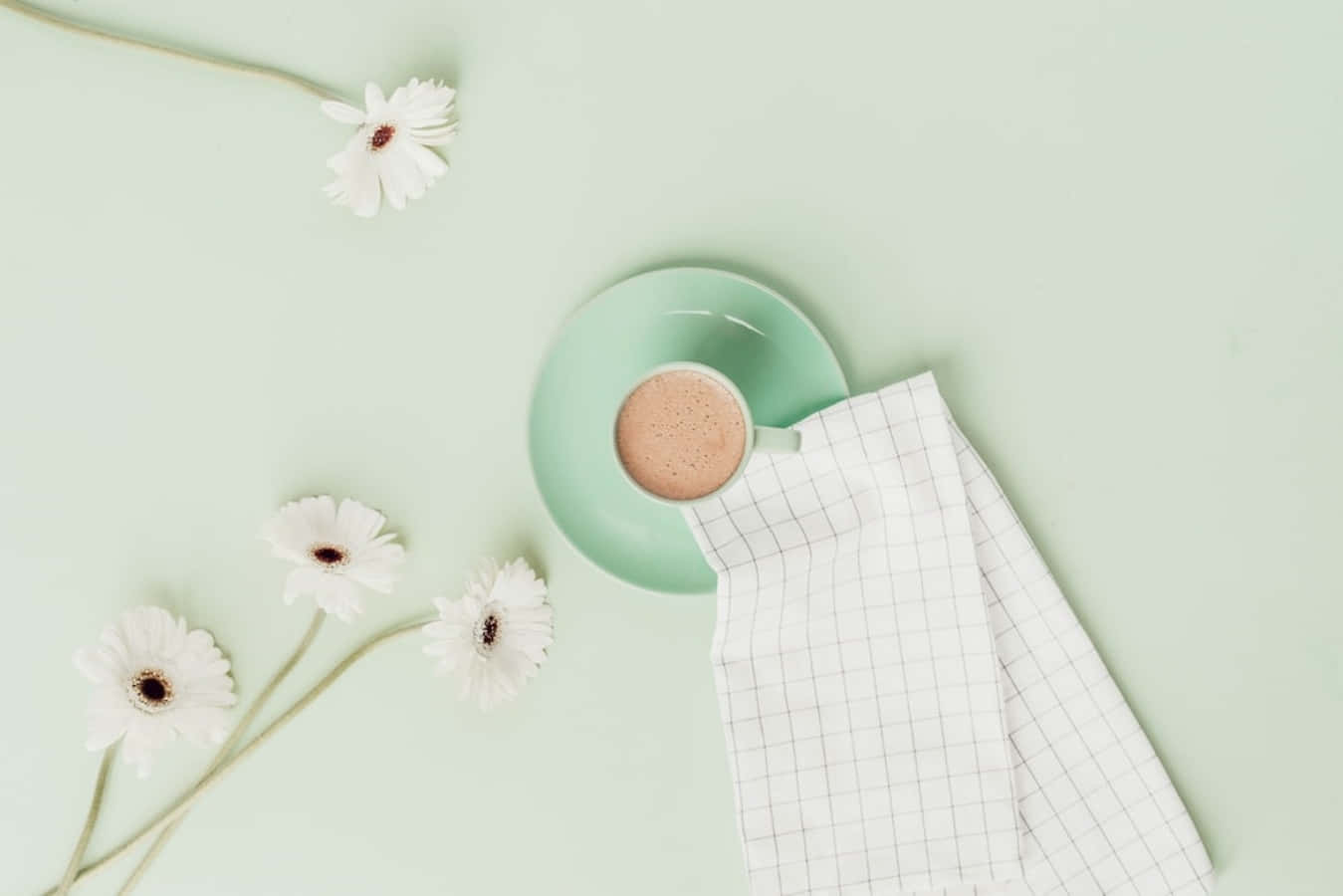 mint green cup of coffee, saucer, checkered napkin, HD Desktop Wallpaper