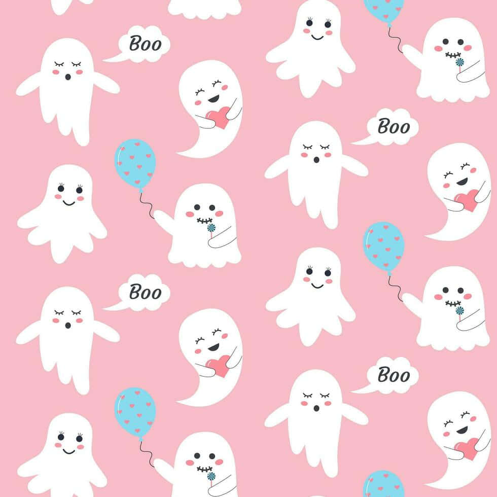 Pastel Ghost Pattern Halloween, white cartoon ghosts, pink background, SD Desktop Wallpaper