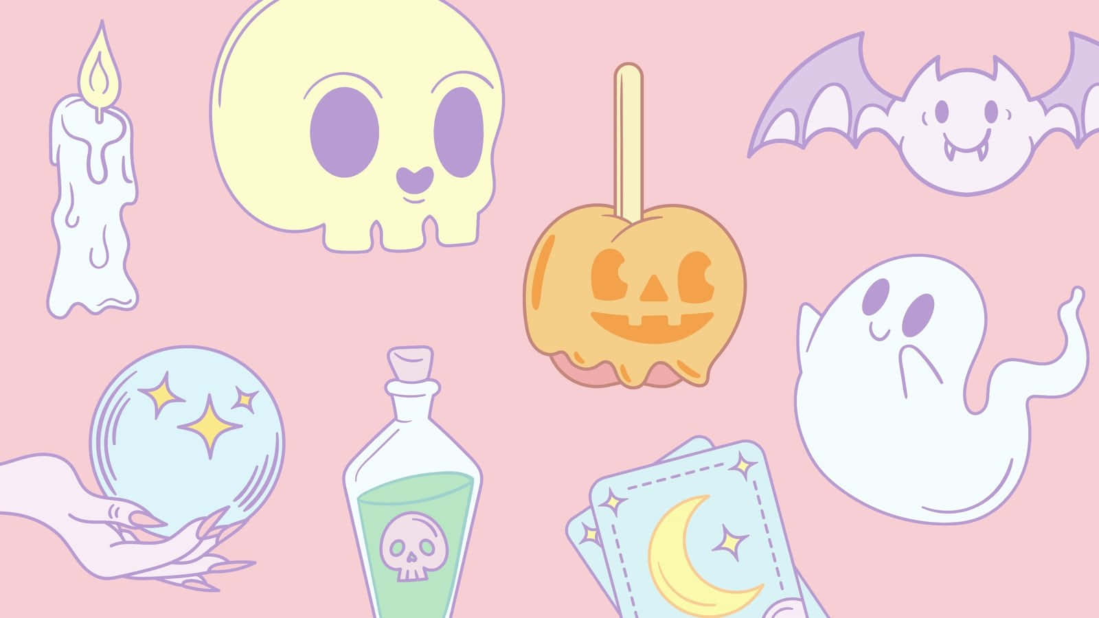 Pastel Halloween, pastel pink background, cute cartoon Halloween icons, HD Desktop Wallpaper