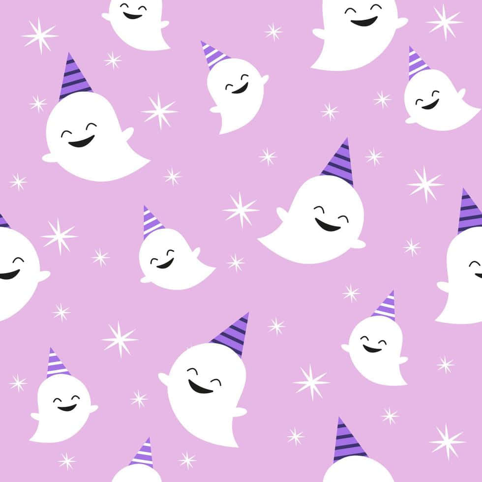 pastel purple halloween ghost pattern, white cartoon ghosts, purple striped party hats, SD Desktop Wallpaper