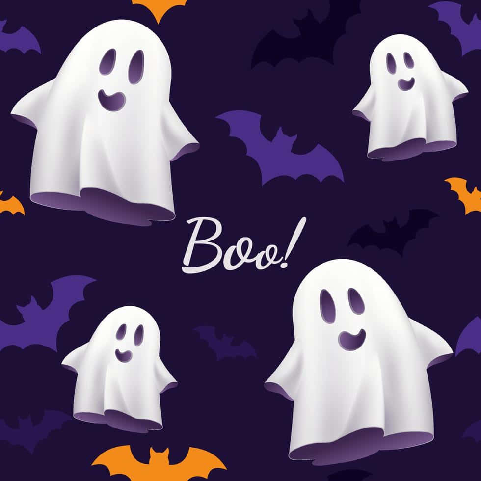 Pastel Halloween, white cartoon ghosts, purple and orange bats, SD Desktop Wallpaper