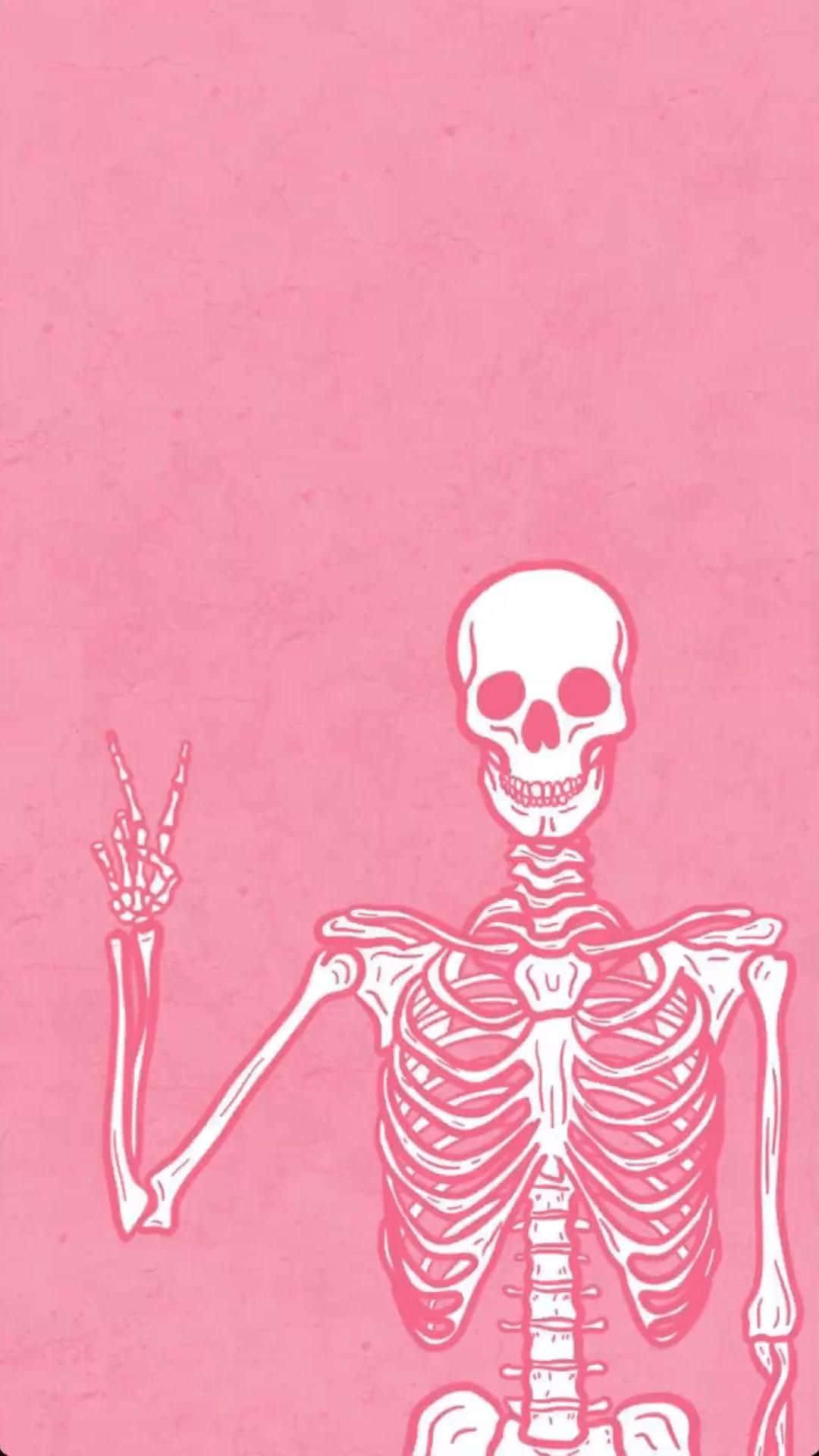 pastel pink skeleton peace sign, white outlined skeleton, peace sign, Full HD Phone Wallpaper