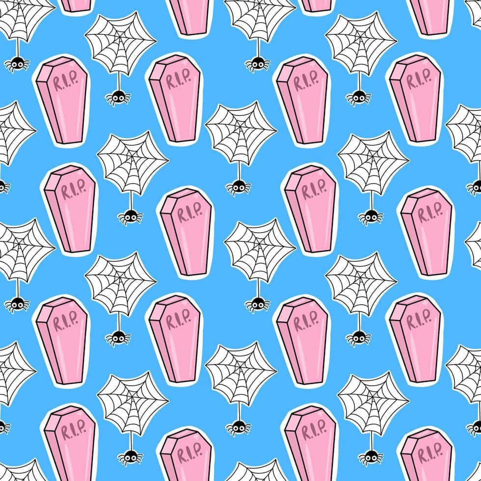 pastel coffinsand spiders pattern, pink tombstones, white spiderwebs, SD Desktop Wallpaper