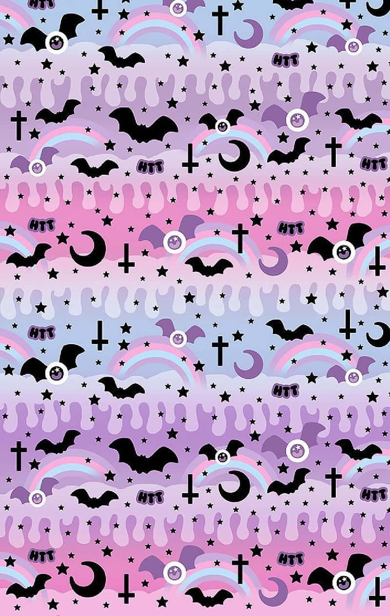 pastel Halloween pattern, black bats, crescent moons, SD Phone Wallpaper
