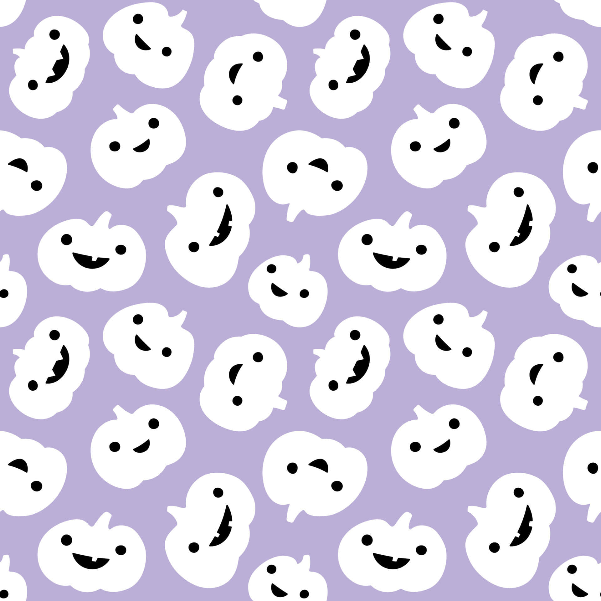 Pastel Ghost Pattern Halloween, white cartoon pumpkins, varied black facial expressions, Full HD Desktop Wallpaper