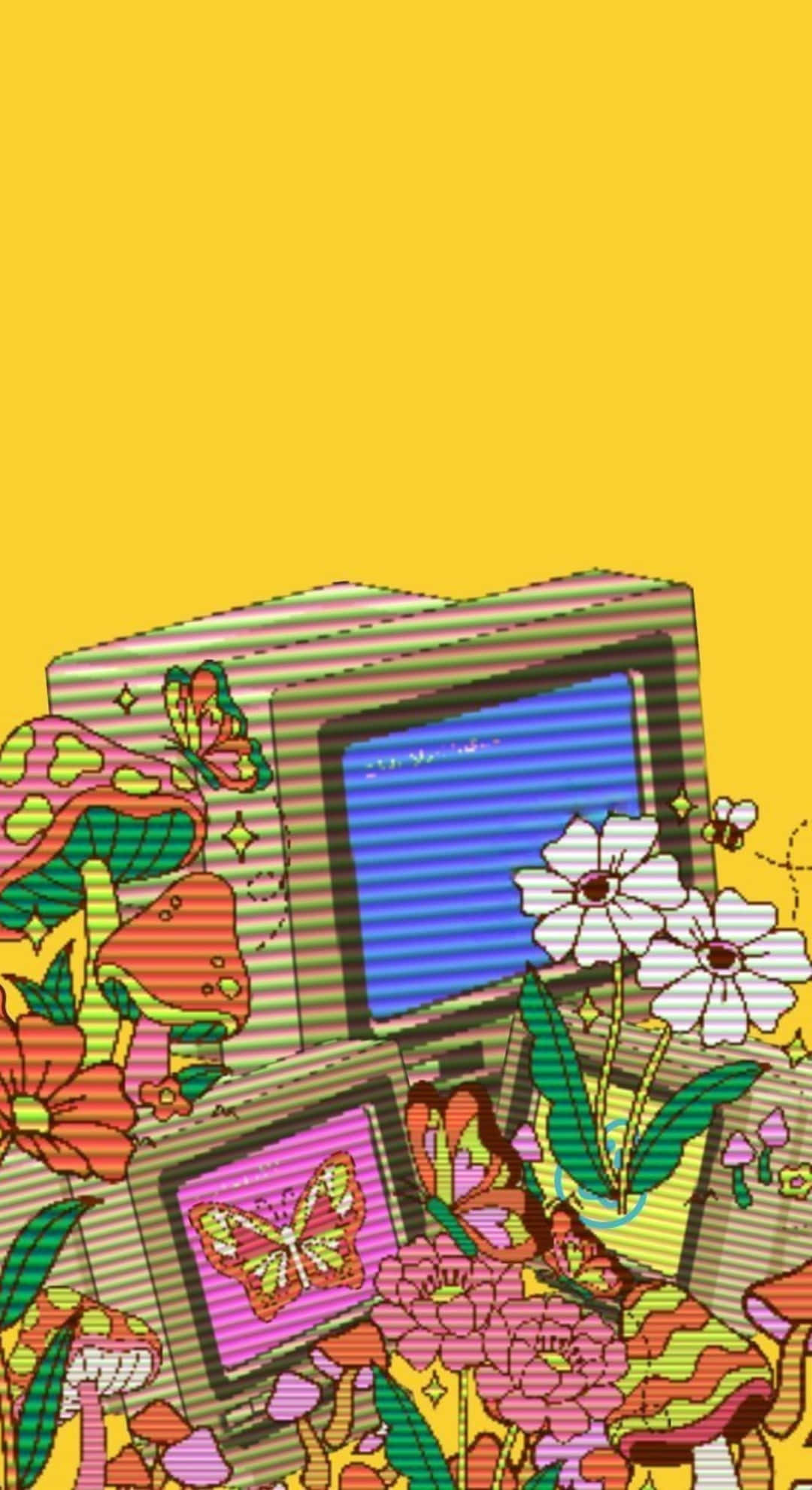 retro TV sets, colorful mushrooms, flowers, Full HD Phone Wallpaper