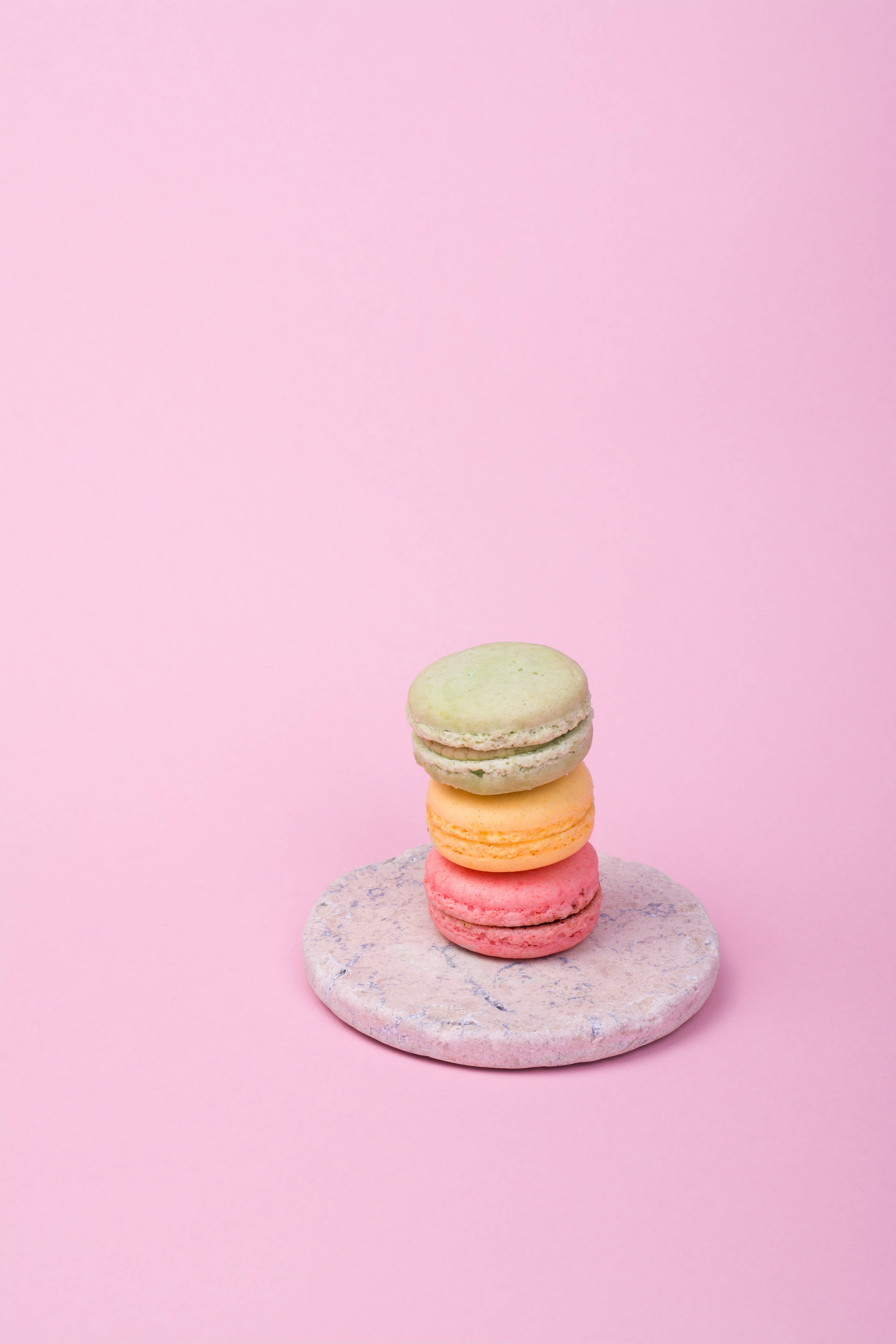 Pastel iPhone, pink macaroons, marble coaster, 5K Phone Wallpaper