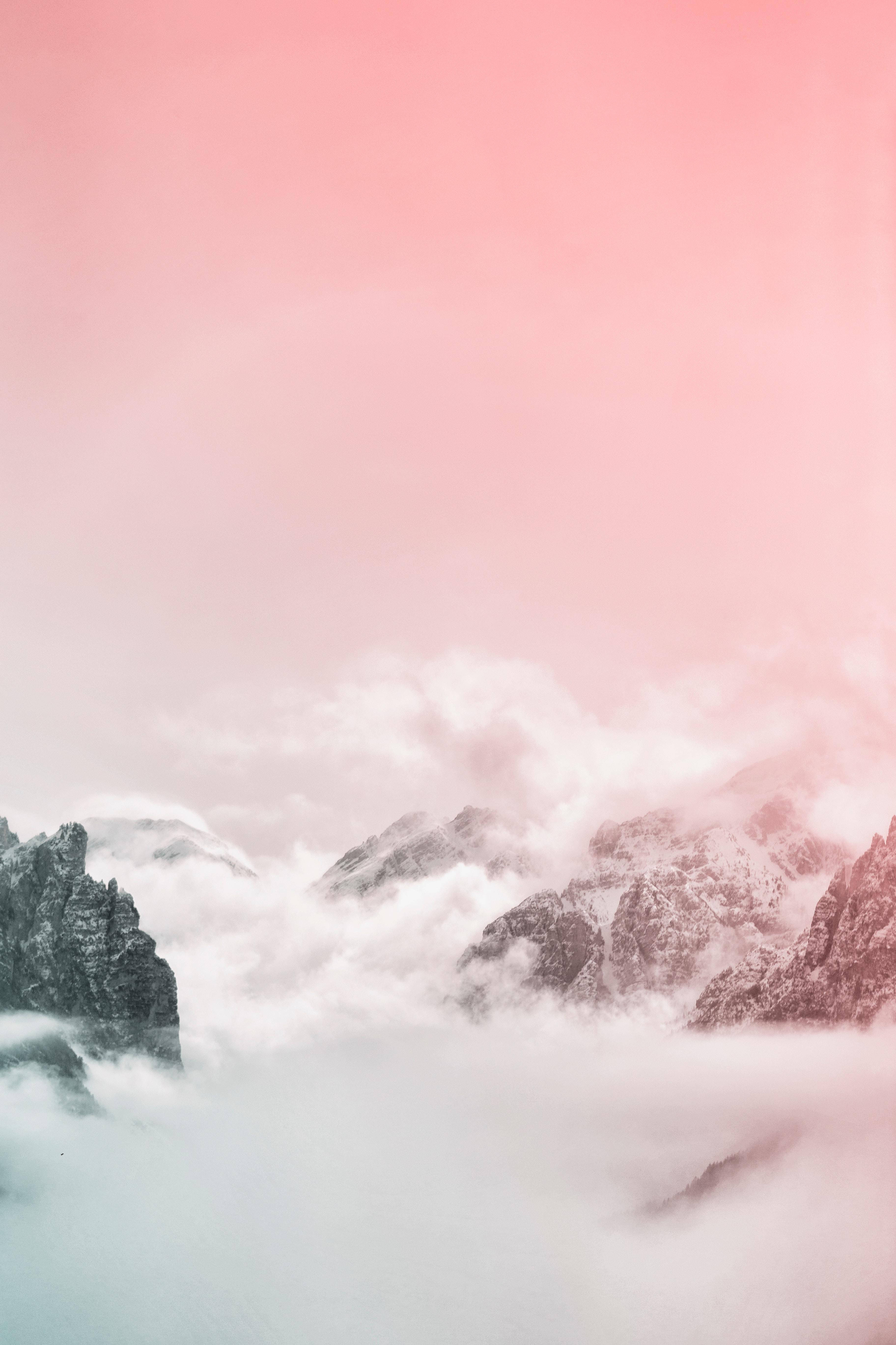 Pastel iPhone, foggy mountain, pink sky, 5K Phone Wallpaper