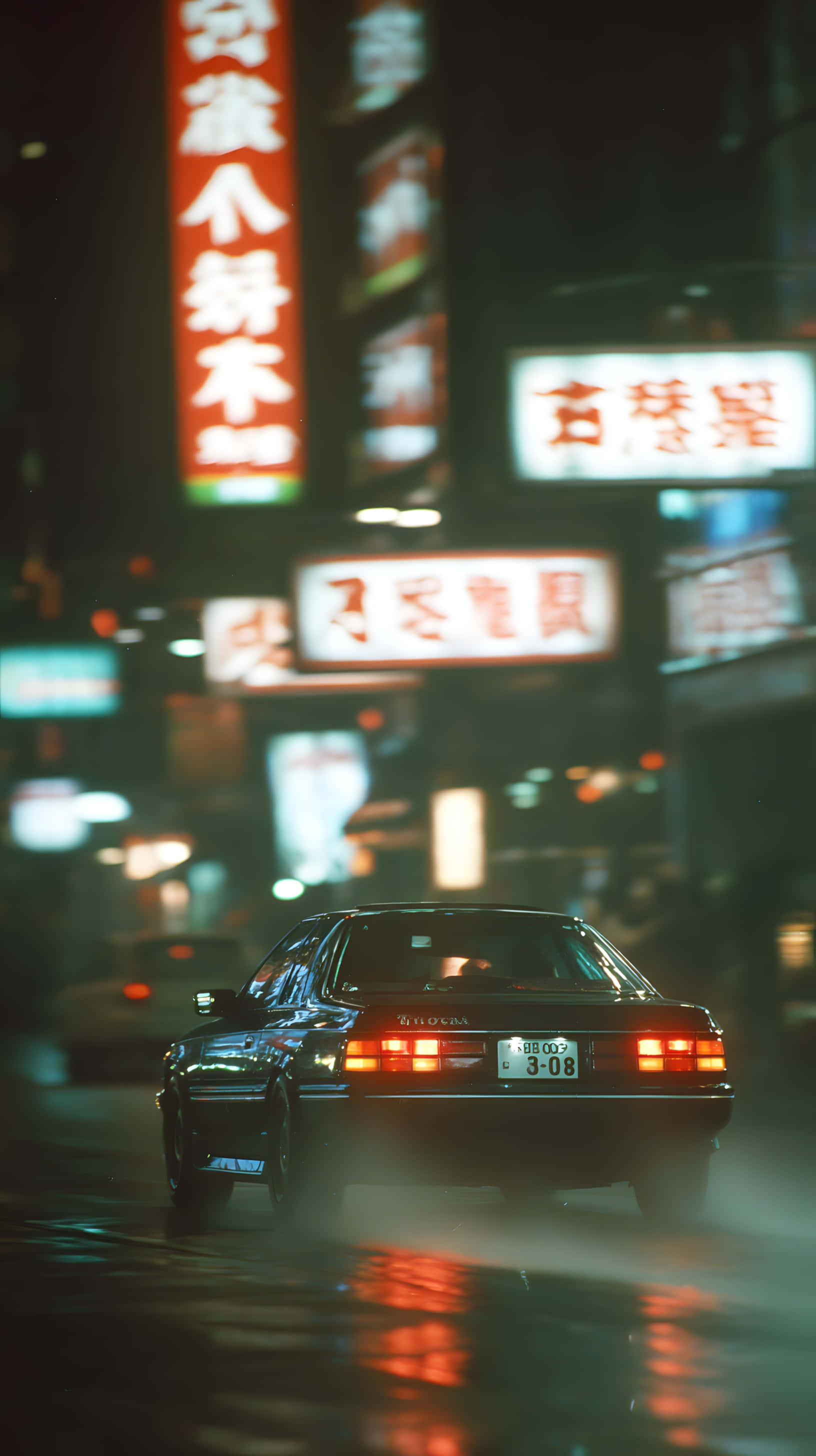 neon-lit street, glowing Asian signs, wet street, 2K Phone Wallpaper